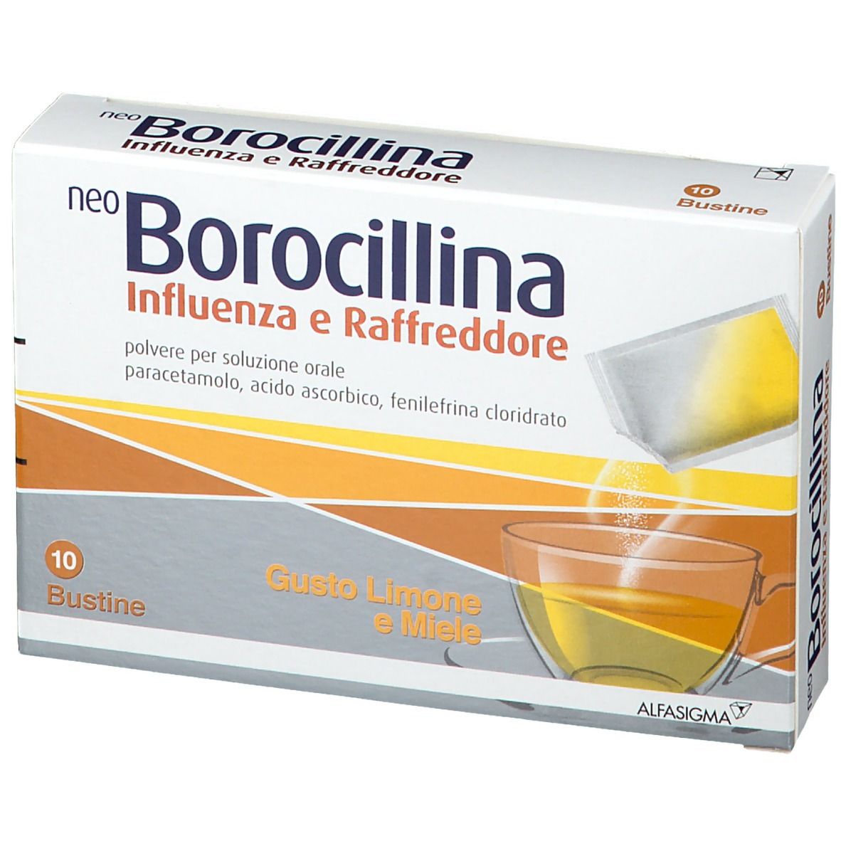 Confezione di NeoBorocillina Influenza e Raffreddore, 10 bustine. Scritta: 'Gusto Limone e Miele'. Immagine di una tazza di tè.