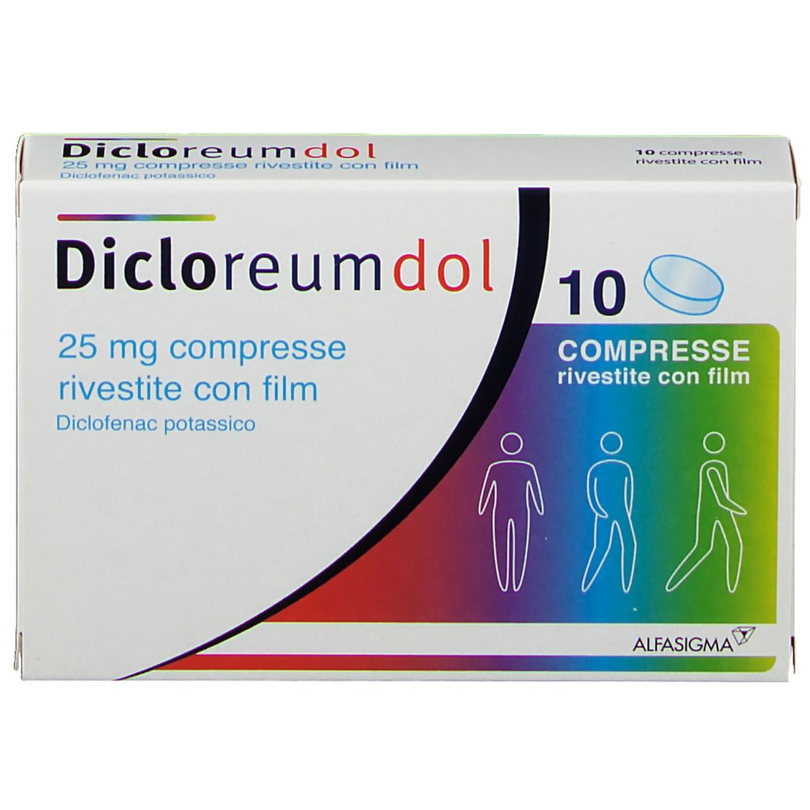Scatola di Dicloreumdol 25 mg compresse. Scritta: 10 compresse rivestite con film. Illustrazione di persone.
