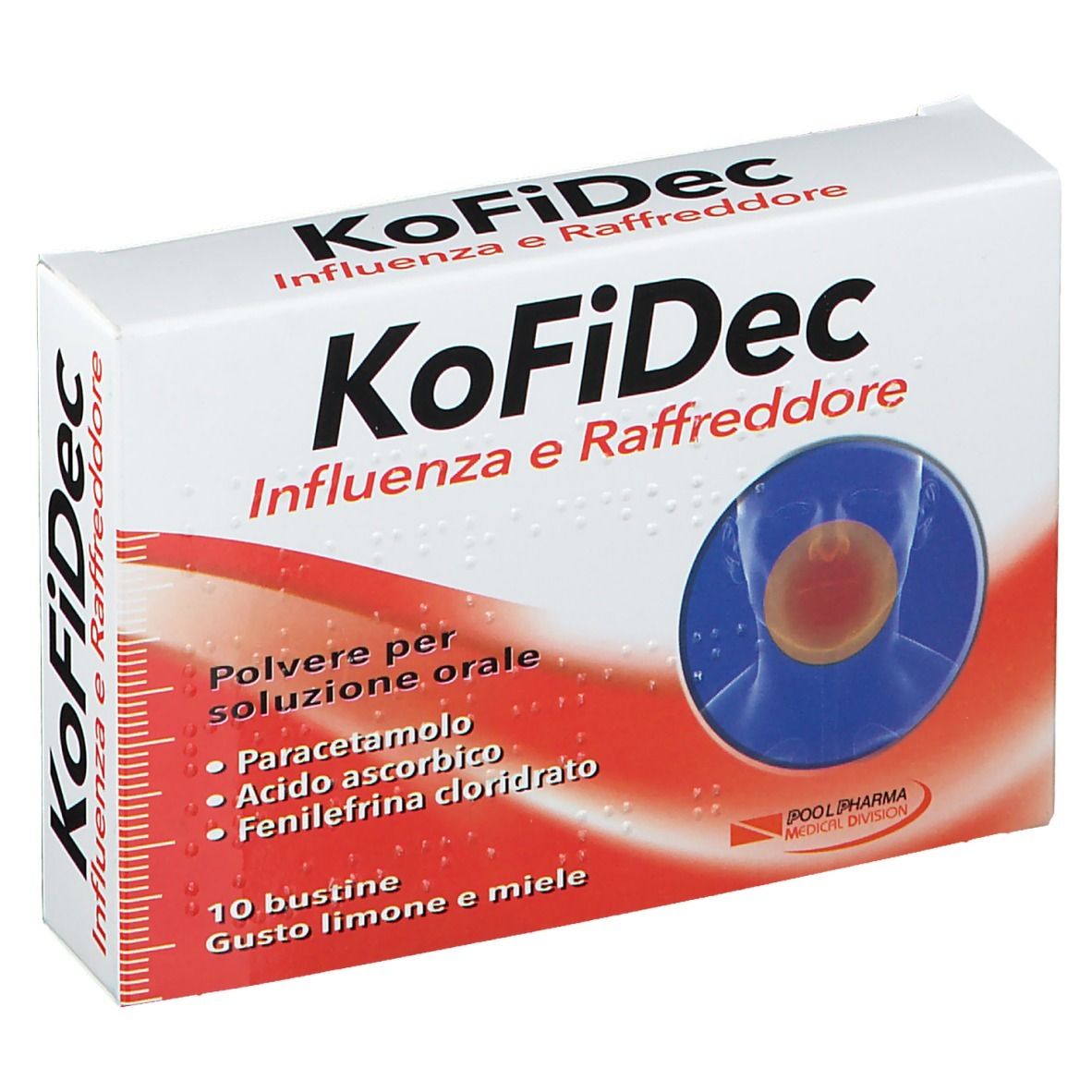 Confezione KoFiDec. Scatola bianca con grafica rossa e blu. Testo: KoFiDec, Influenza e Raffreddore, 10 bustine.