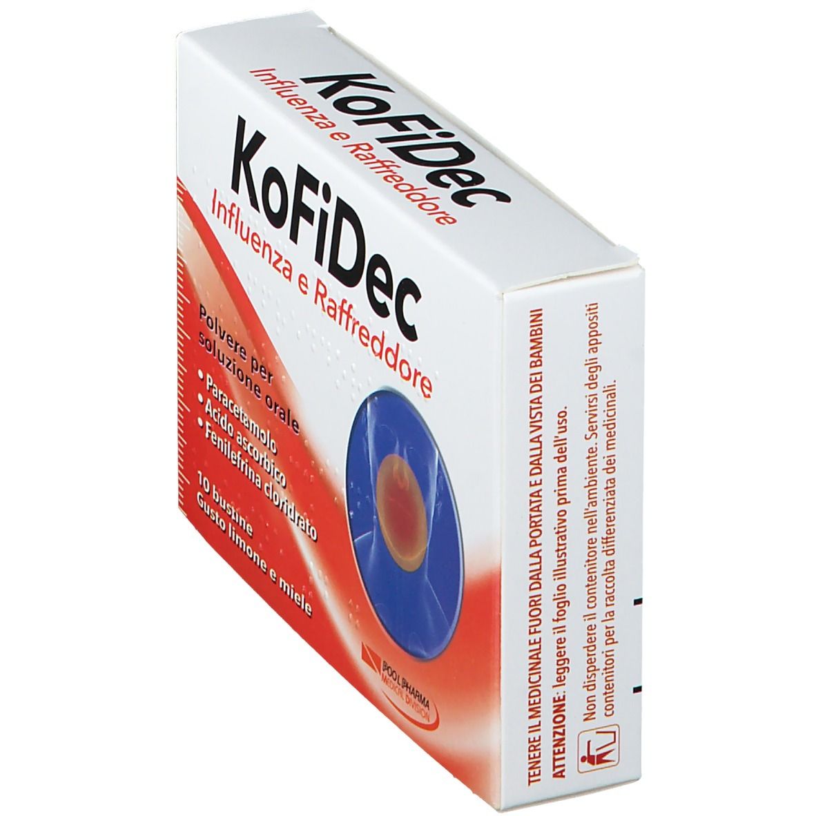 Confezione KoFiDec, angolata. Scatola bianca con grafica rossa e blu. Testo: KoFiDec, Influenza e Raffreddore, 10 bustine.