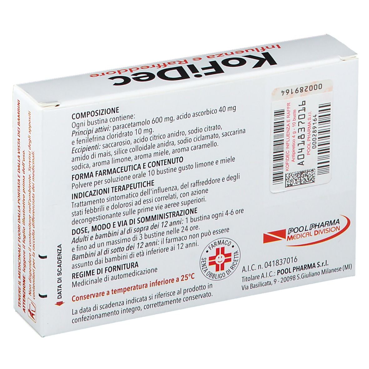 Retro della confezione KoFiDec. Scatola bianca con testo. Testo: KoFiDec, Influenza e Raffreddore, ingredienti, dosaggio.