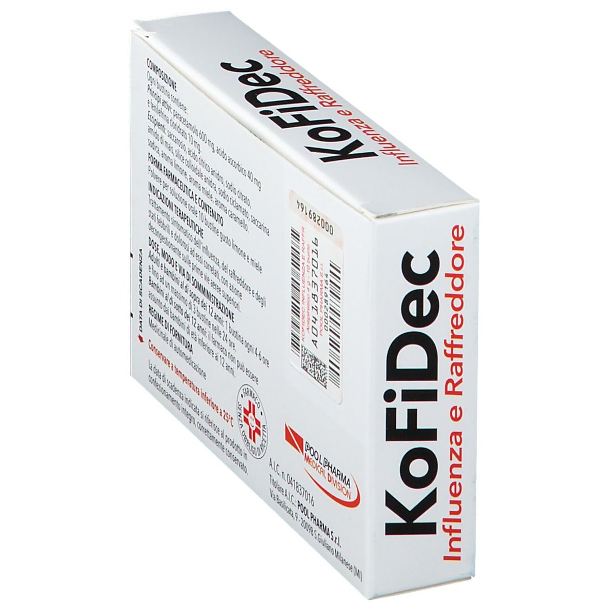 Confezione KoFiDec, angolata. Retro con testo. Testo: KoFiDec, Influenza e Raffreddore, ingredienti, dosaggio.