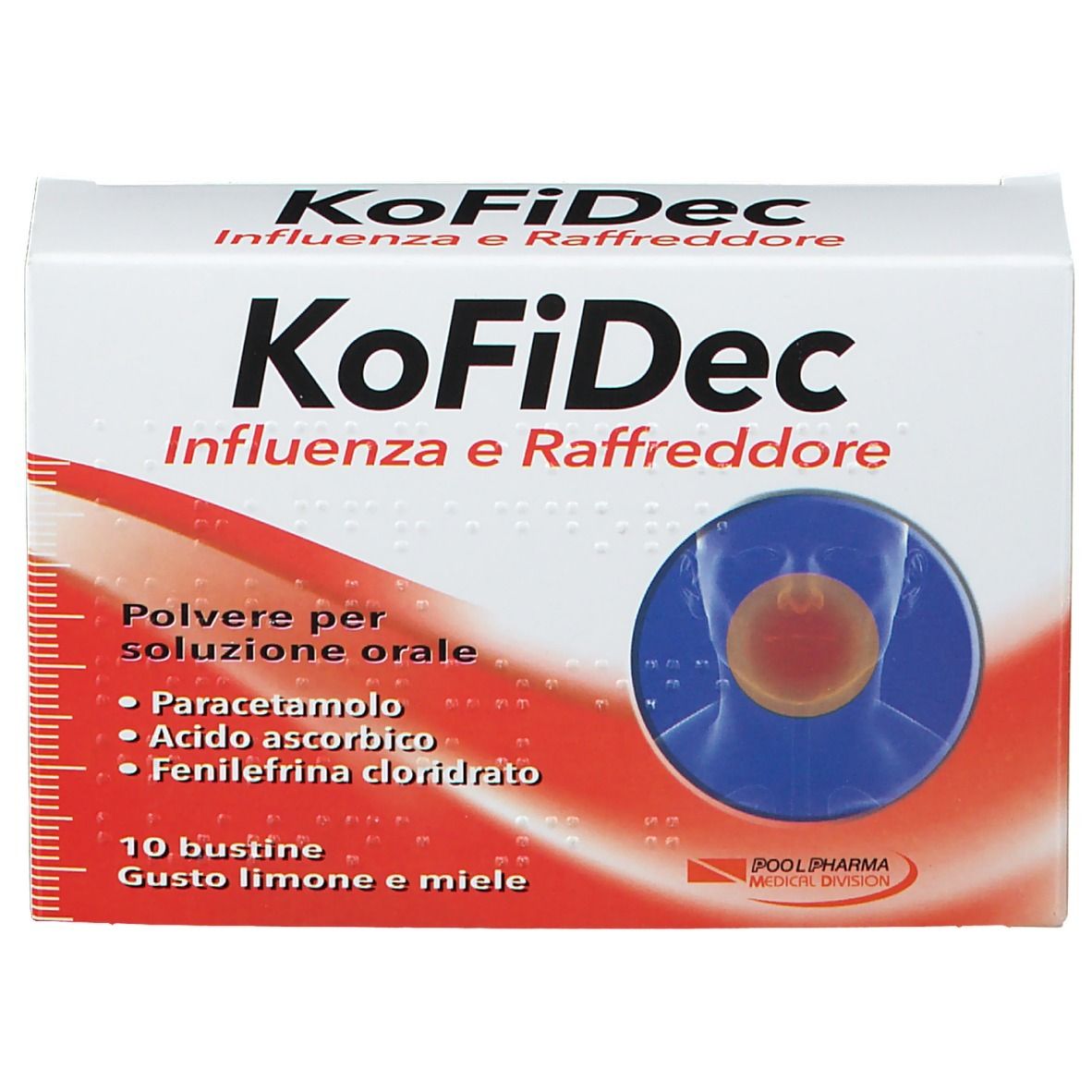 Confezione KoFiDec. Scatola bianca con grafica rossa e blu. Testo: KoFiDec, Influenza e Raffreddore, 10 bustine.