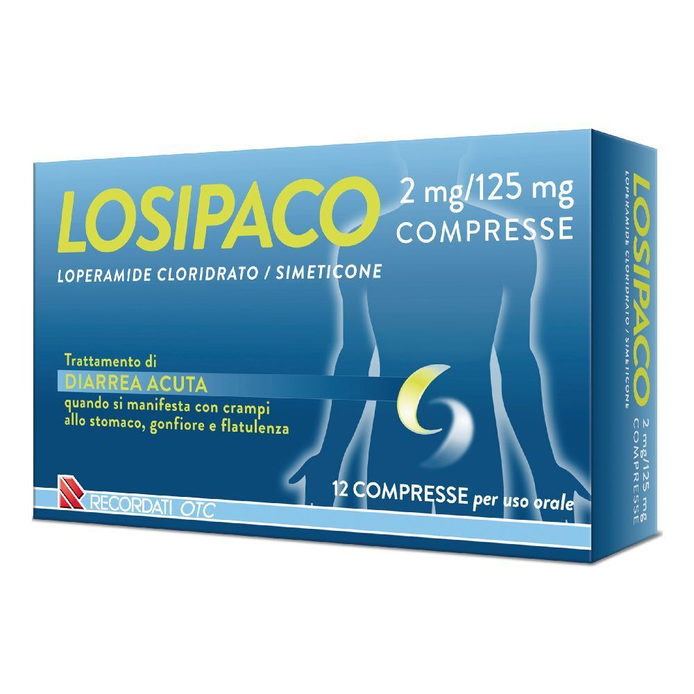 Scatola LOSIPACO 2mg/125mg Compresse. Confezione blu con nome e dettagli. 12 compresse.