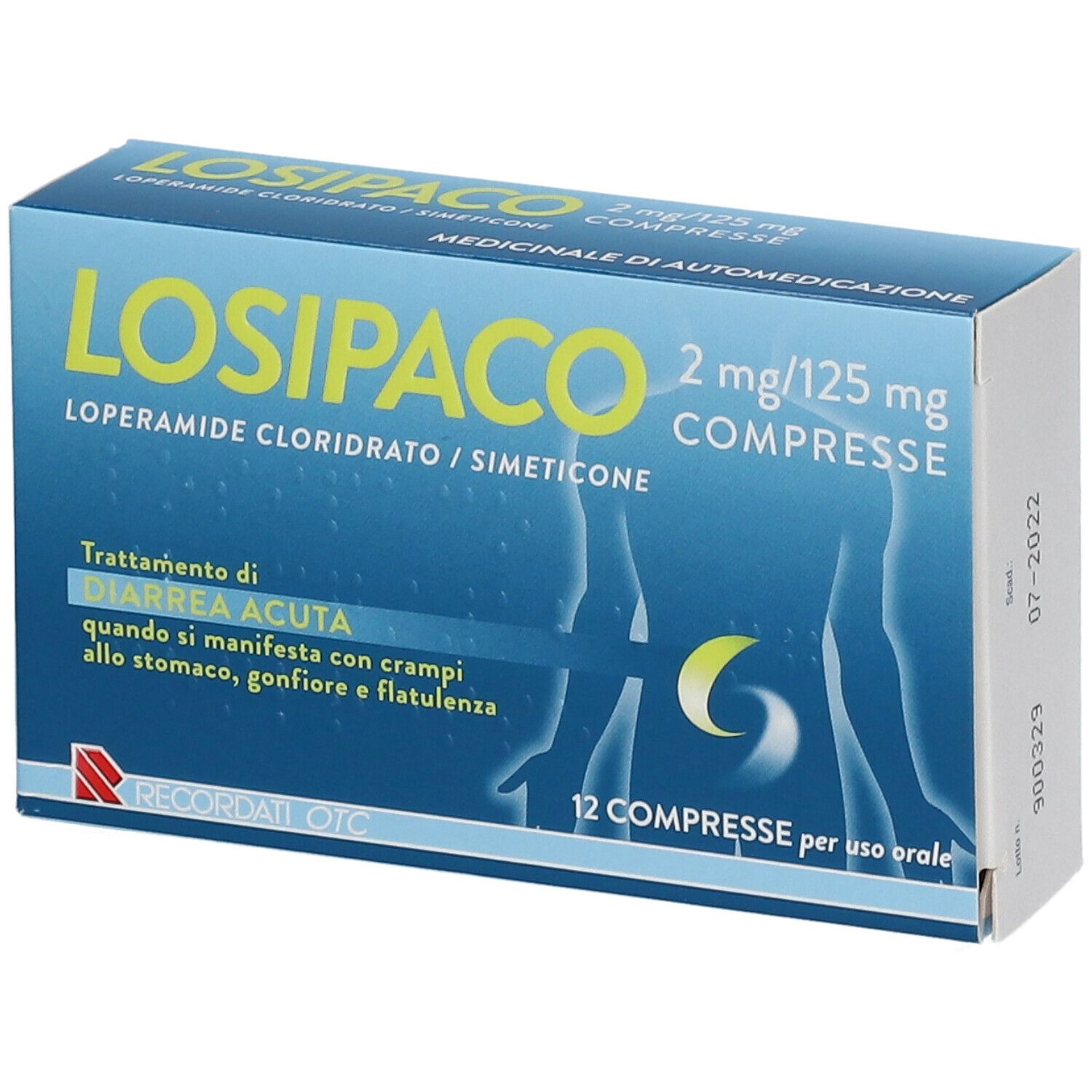 Scatola LOSIPACO 2mg/125mg Compresse. Vista laterale blu. Scadenza 07-2022.