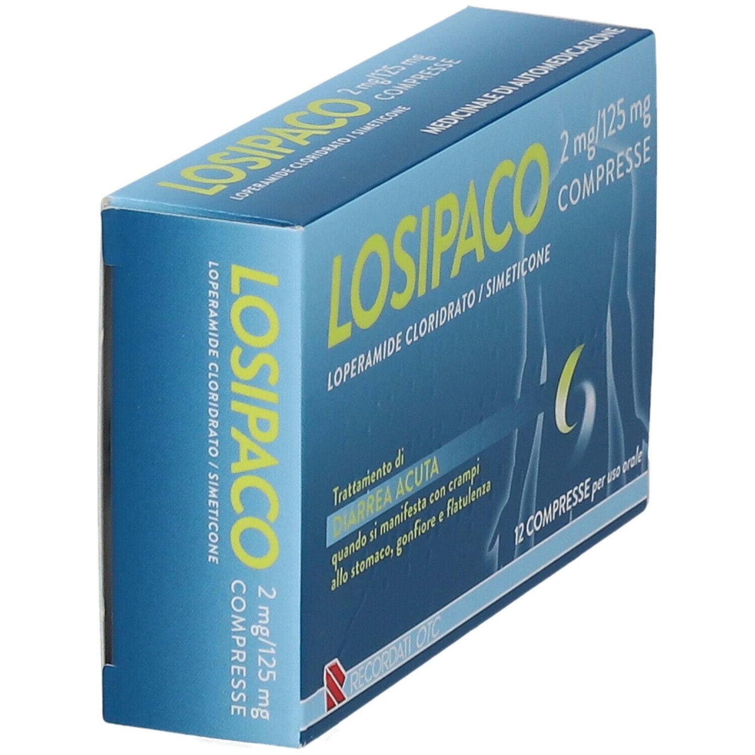 Scatola LOSIPACO 2mg/125mg Compresse. Vista obliqua blu. Testo e logo.