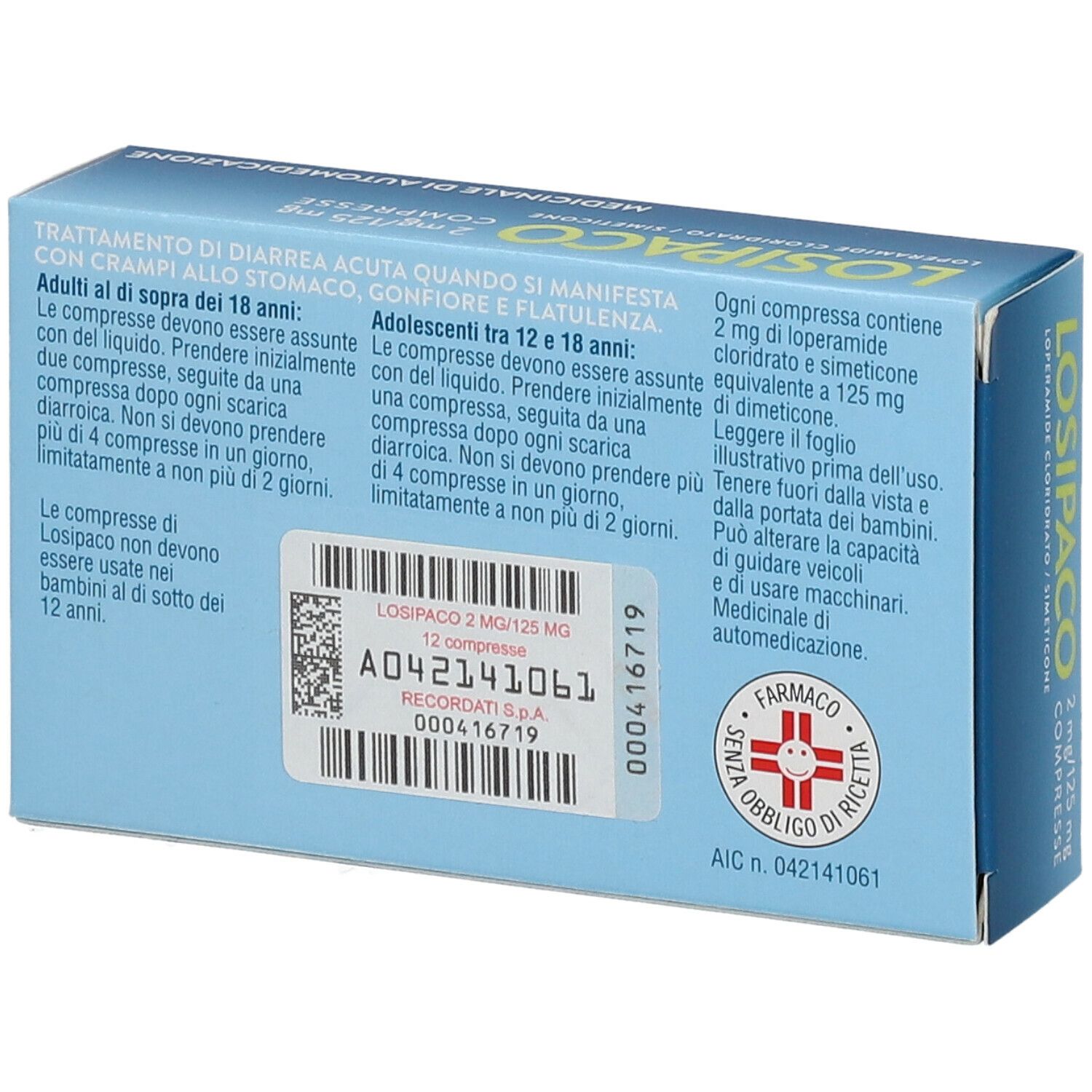 Retro della scatola LOSIPACO. Informazioni testuali, numero di lotto e logo farmacia.
