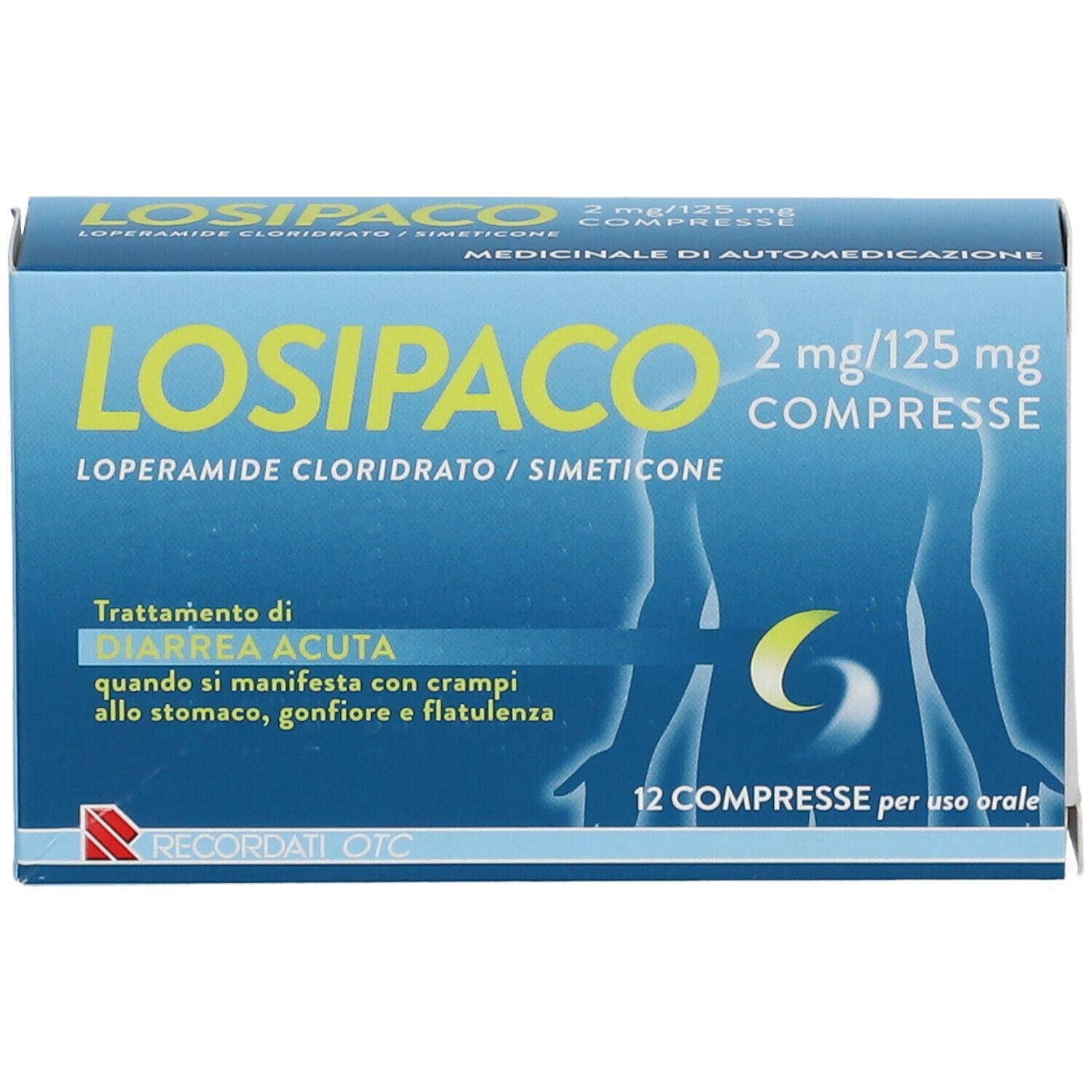 Scatola LOSIPACO 2mg/125mg Compresse. Confezione blu con nome e dettagli. 12 compresse.