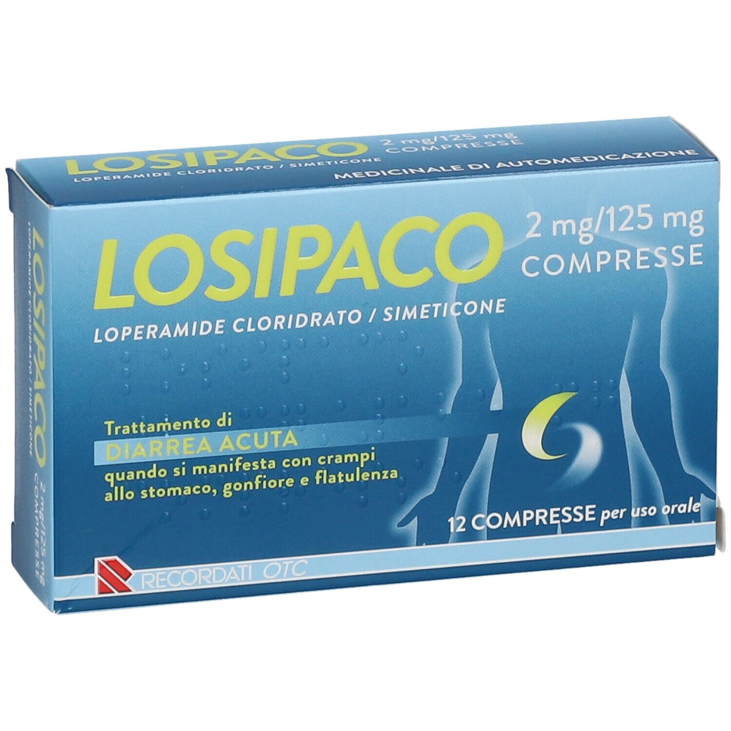 Scatola LOSIPACO 2mg/125mg Compresse. Confezione blu con nome e dettagli. 12 compresse.