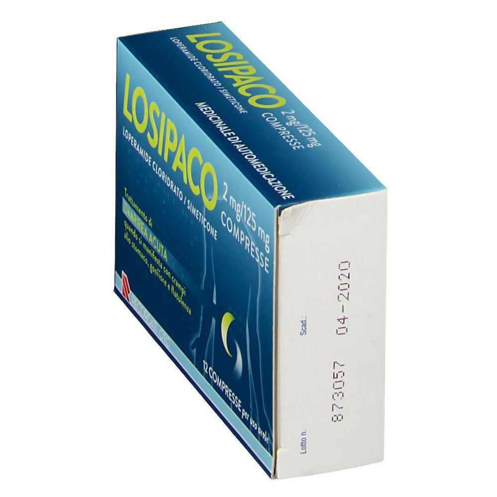Scatola LOSIPACO 2mg/125mg Compresse. Vista laterale blu. Scadenza 04-2020.