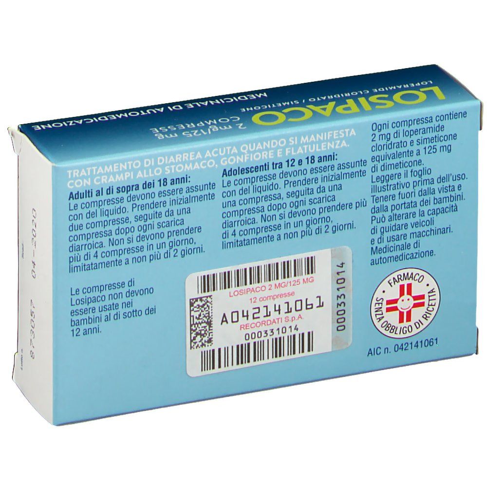 Retro della scatola LOSIPACO. Informazioni testuali, numero di lotto e logo farmacia.