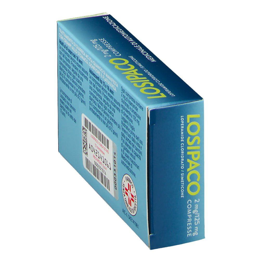 Scatola LOSIPACO 2mg/125mg Compresse. Vista obliqua blu. Testo e logo.