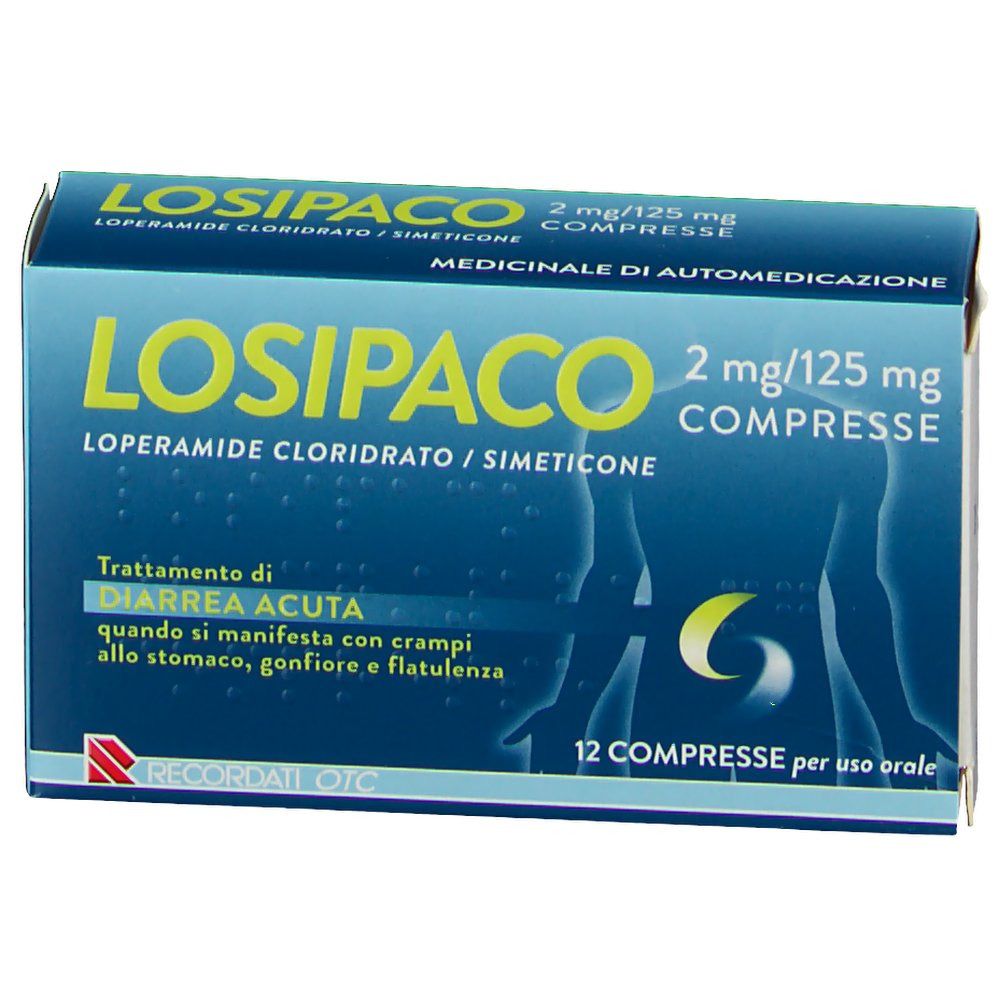 Scatola LOSIPACO 2mg/125mg Compresse. Confezione blu con nome e dettagli. 12 compresse.