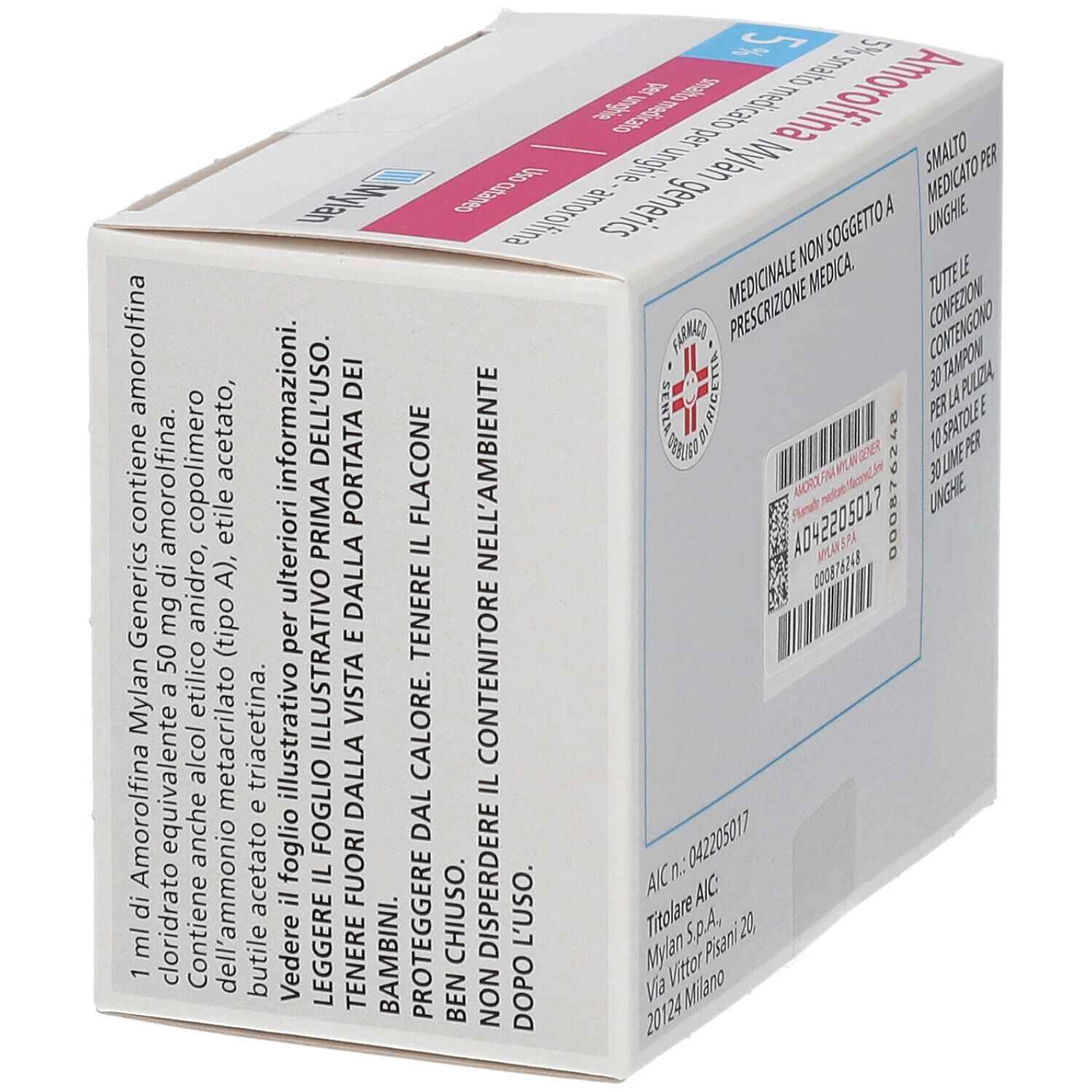 Scatola Amorolfina Mylan generics, smalto medicato 5%. Testo e logo Mylan. Vista obliqua.