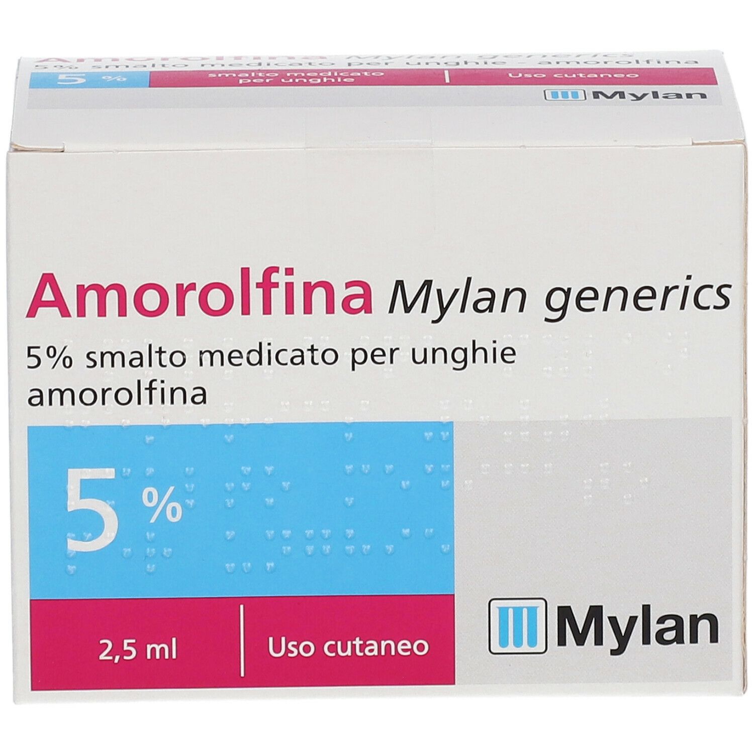 Scatola Amorolfina Mylan generics, smalto medicato per unghie 5%. Bianco, rosa e blu. Logo Mylan.