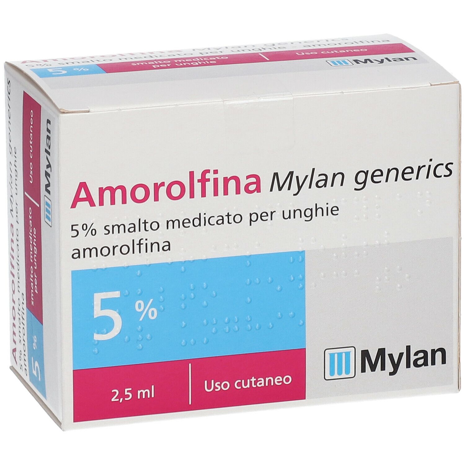 Scatola Amorolfina Mylan generics, smalto medicato per unghie 5%. Bianco, rosa e blu. Logo Mylan.