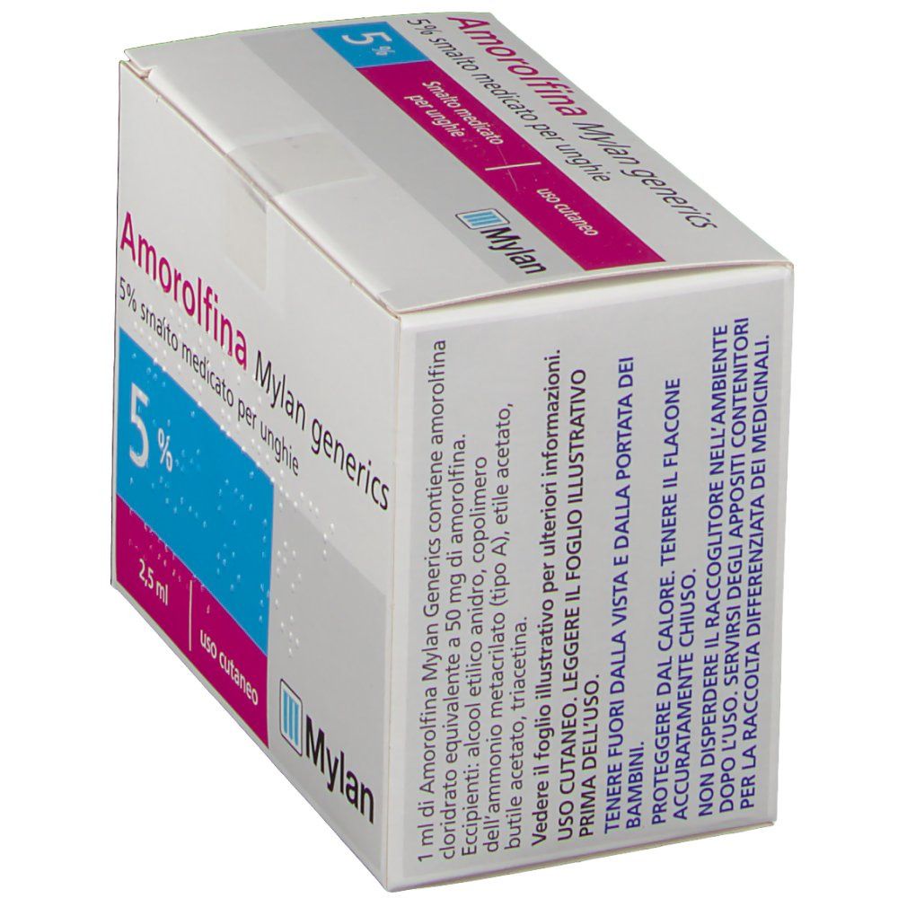 Scatola Amorolfina Mylan generics, smalto medicato 5%. Testo e logo Mylan. Vista laterale.