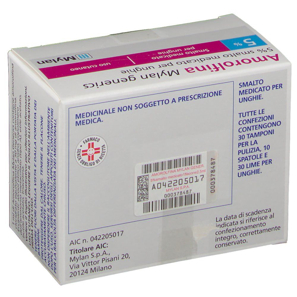 Scatola Amorolfina Mylan generics. Retro con testo ed etichetta. Logo Mylan.