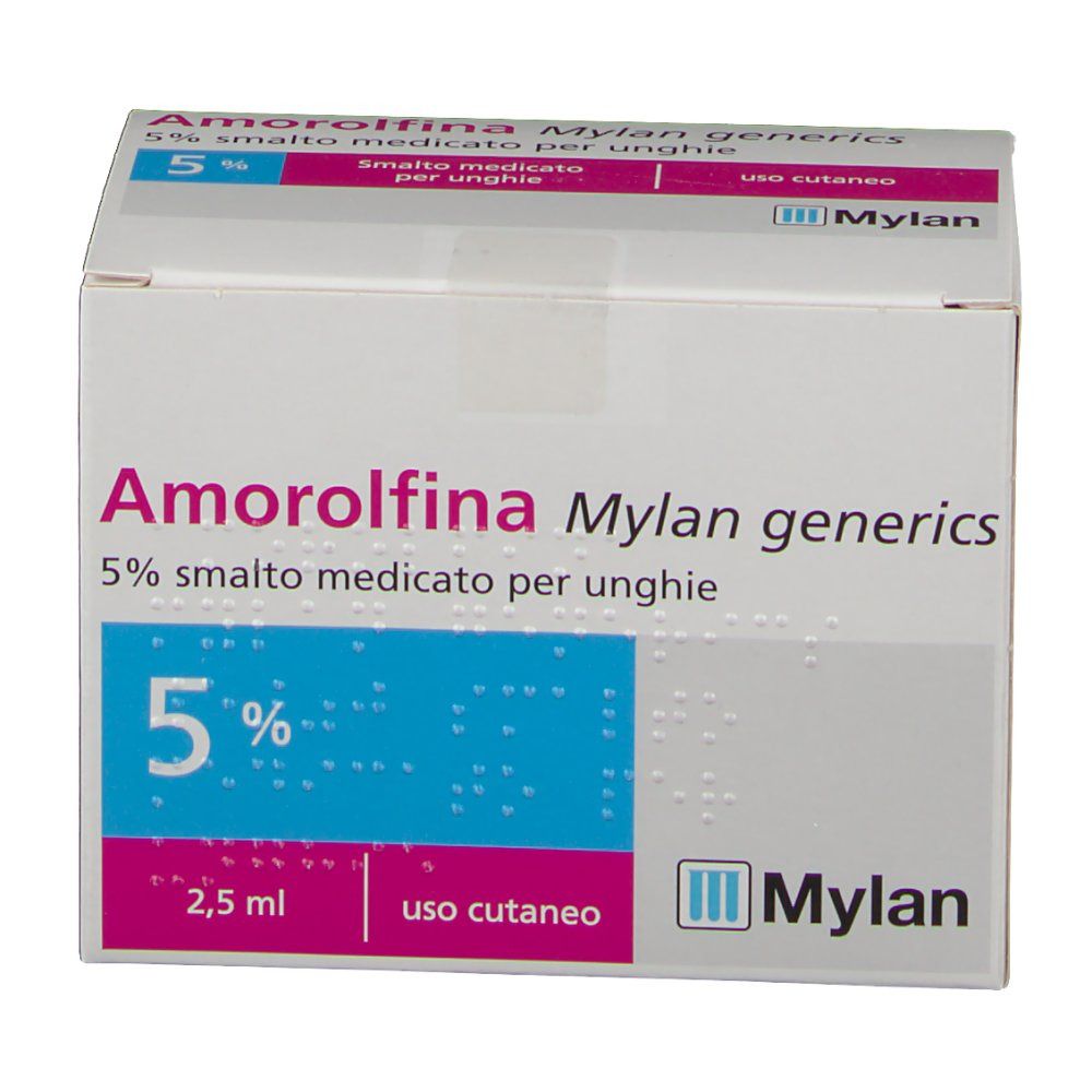 Scatola Amorolfina Mylan generics, smalto medicato per unghie 5%. Bianco, rosa e blu. Logo Mylan.