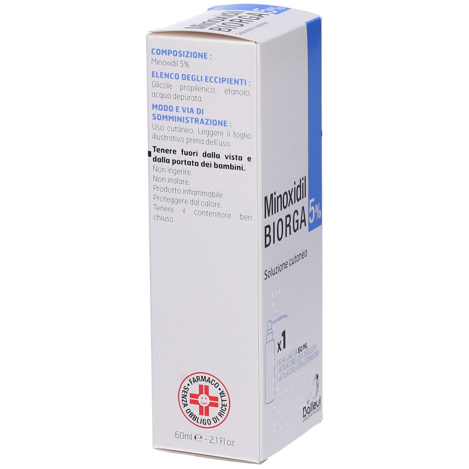 Vista laterale della confezione di Minoxidil Biorga 5%. Contiene informazioni sugli ingredienti e l'uso. Logo farmacia.