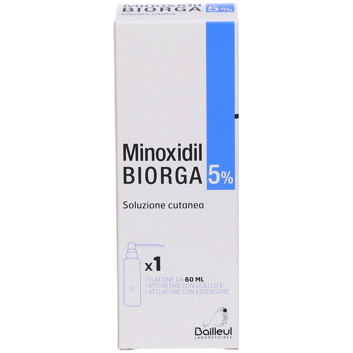 Vista frontale della confezione di Minoxidil Biorga 5%. Scatola bianca con banda blu. Nome e 5% ben visibili.