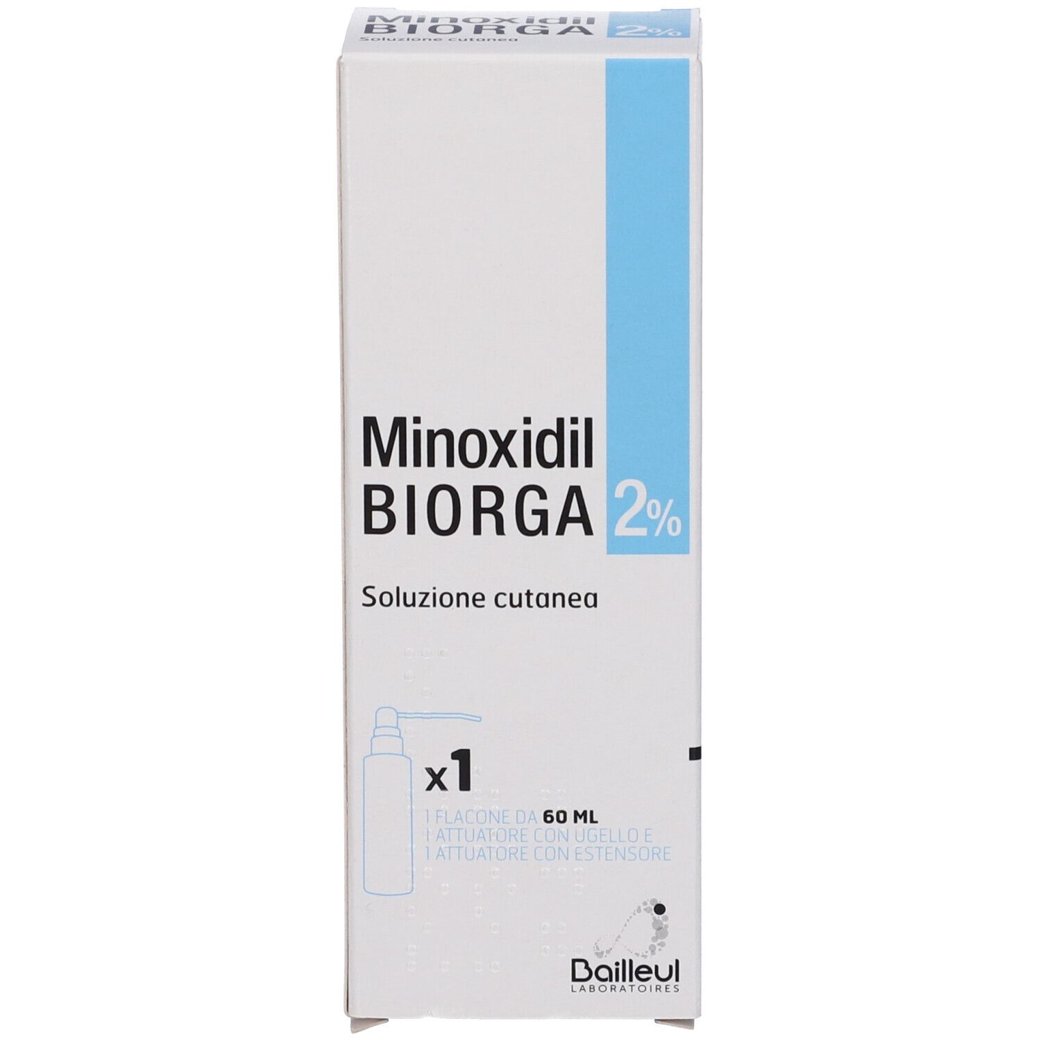 Confezione del prodotto. Scritta: Minoxidil Biorga 2%. Flacone da 60 ml. Scatola con testo.