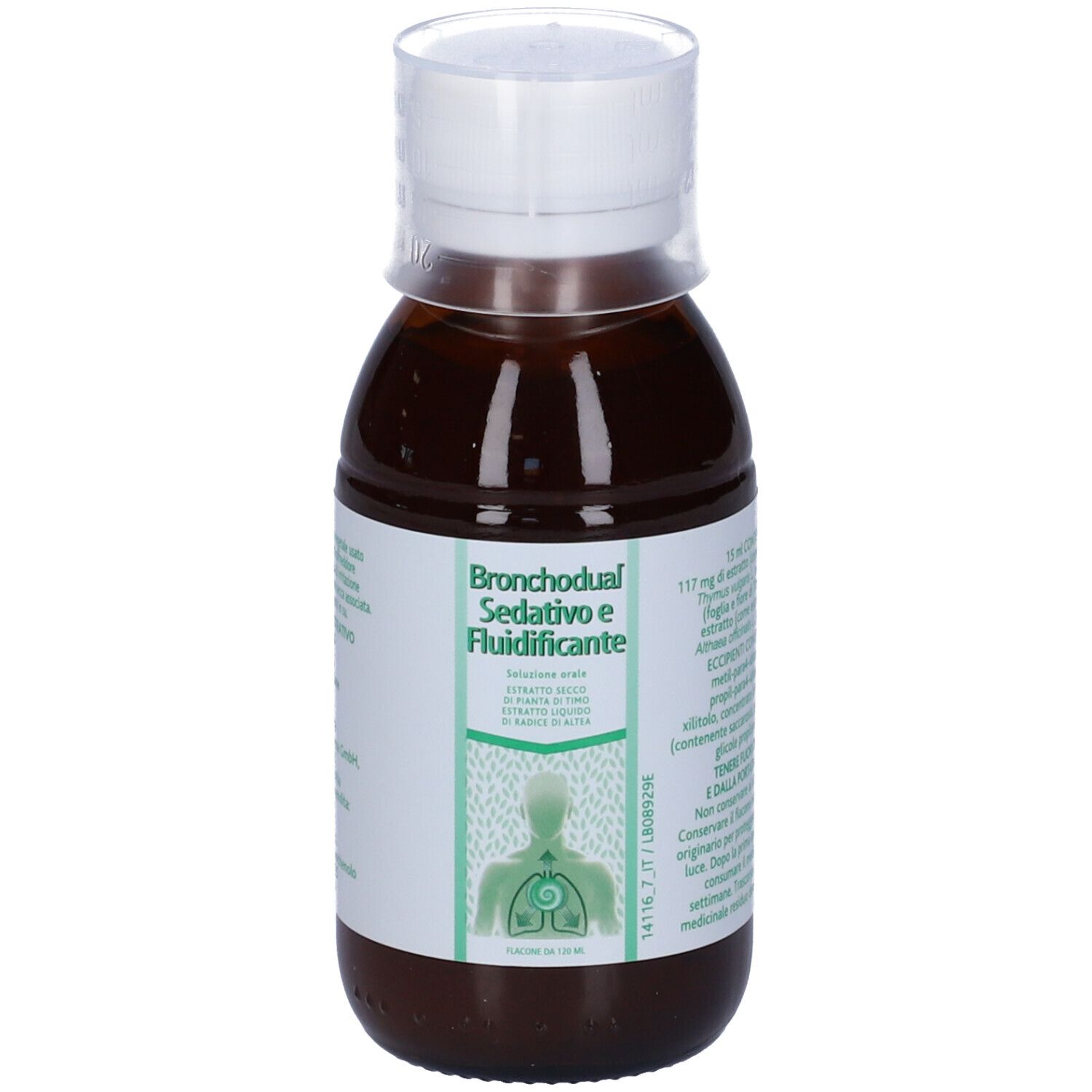 Liquido marrone in bottiglia con tappo bianco. Scritta: Bronchodual Sedativo e Fluidificante.