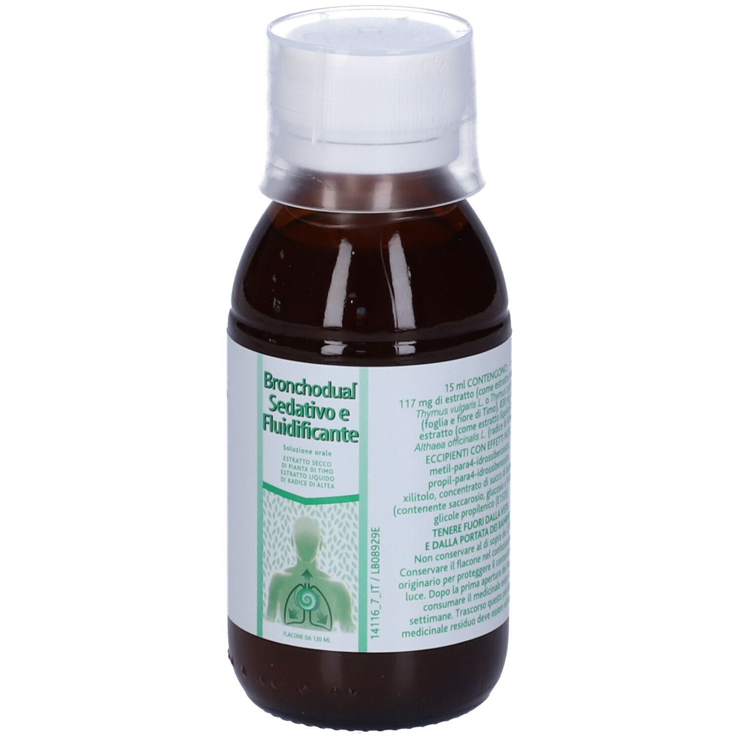 Liquido marrone in bottiglia con tappo bianco. Scritta: Bronchodual Sedativo e Fluidificante.