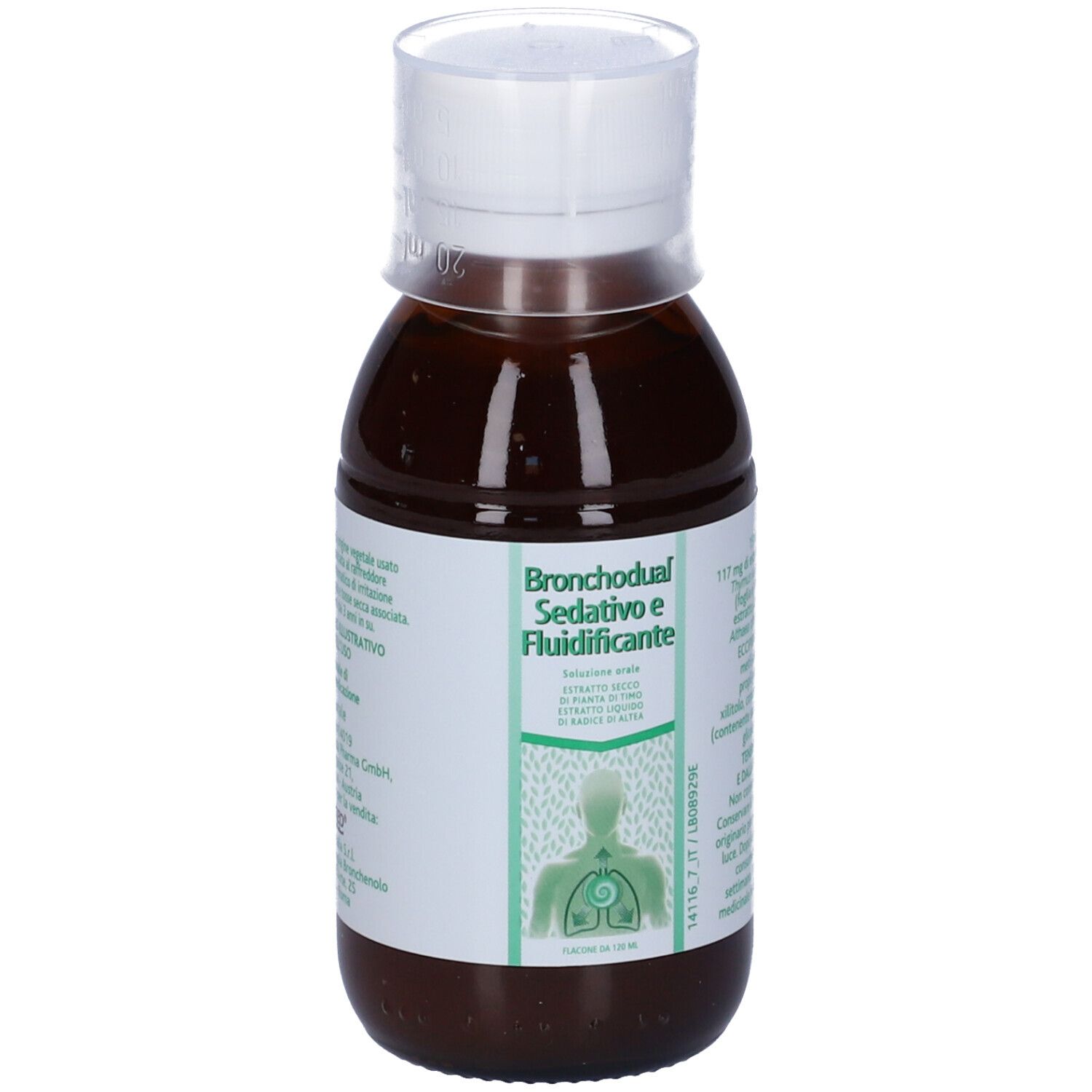 Liquido marrone in bottiglia con tappo bianco. Scritta: Bronchodual Sedativo e Fluidificante.