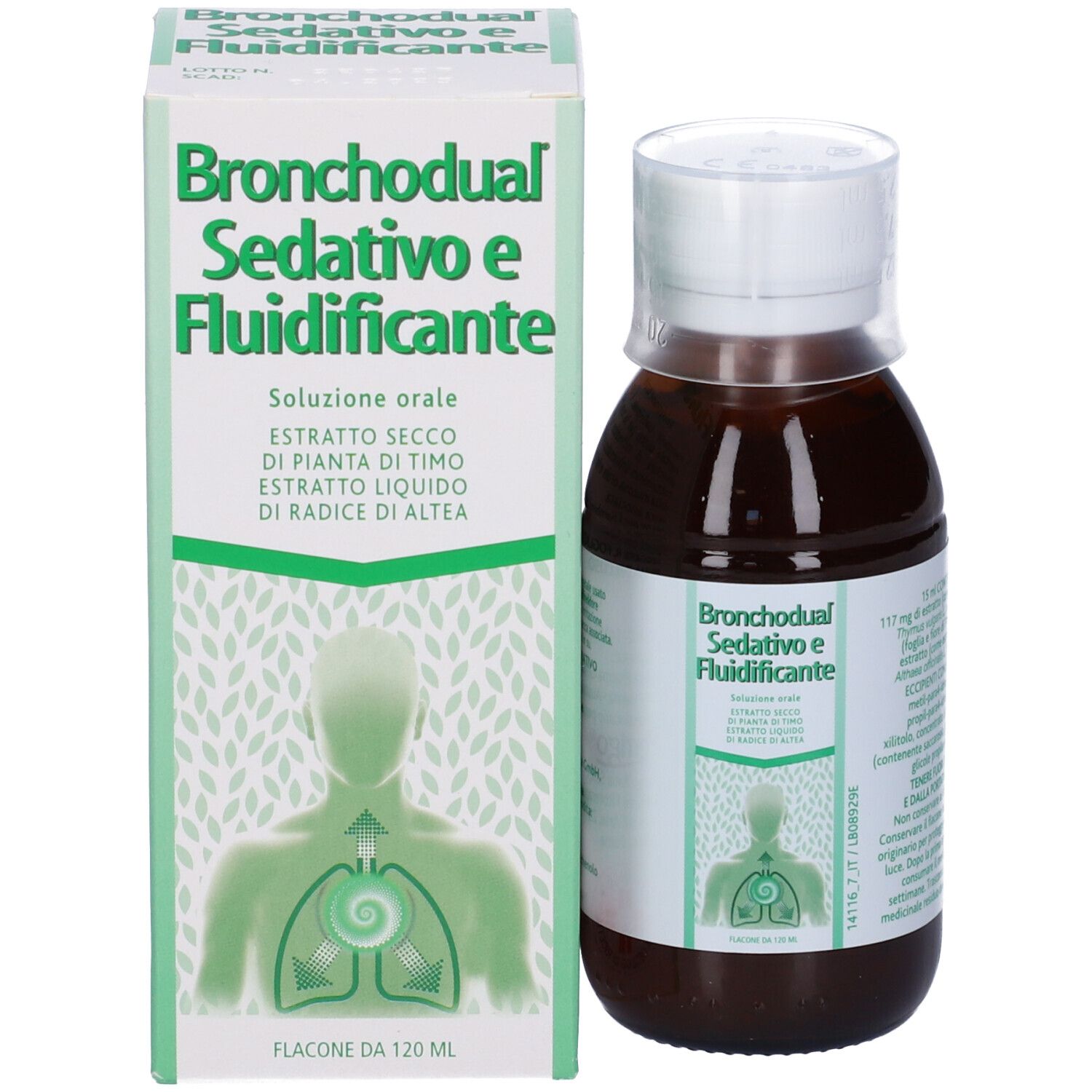 Bottiglia e scatola con scritta Bronchodual Sedativo e Fluidificante. Logo sulla scatola.