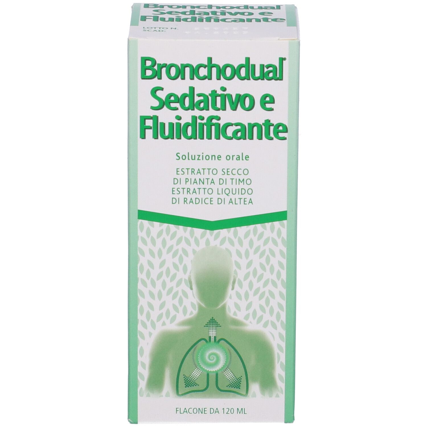 Scatola con scritta Bronchodual Sedativo e Fluidificante. Logo sulla scatola.