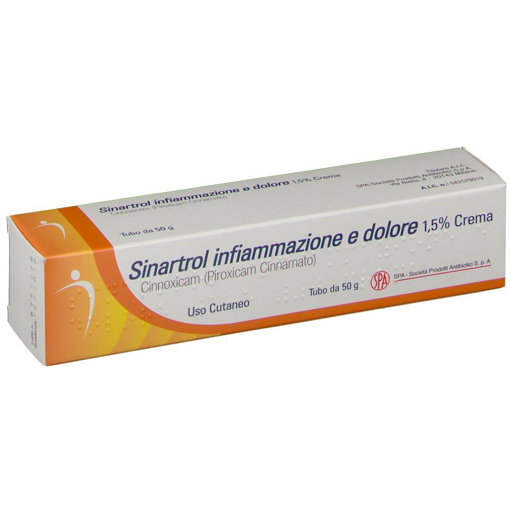 Scatola bianca e arancione. Testo: Sinartol infiammazione e dolore 1,5% Crema. Tubo da 50 g. Ingredienti e logo SPA.