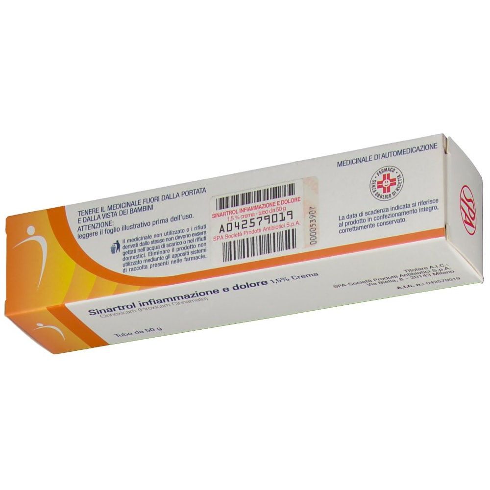 Confezione del prodotto con testo e codice a barre. Testo: Sinartol infiammazione e dolore 1,5% Crema. Scritta: Medicinale di automedicazione.