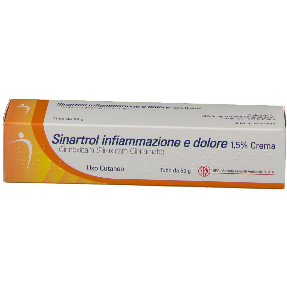 Confezione del prodotto con testo. Testo: Sinartol infiammazione e dolore 1,5% Crema. Tubo da 50 g. Logo SPA. Imballaggio bianco e arancione.