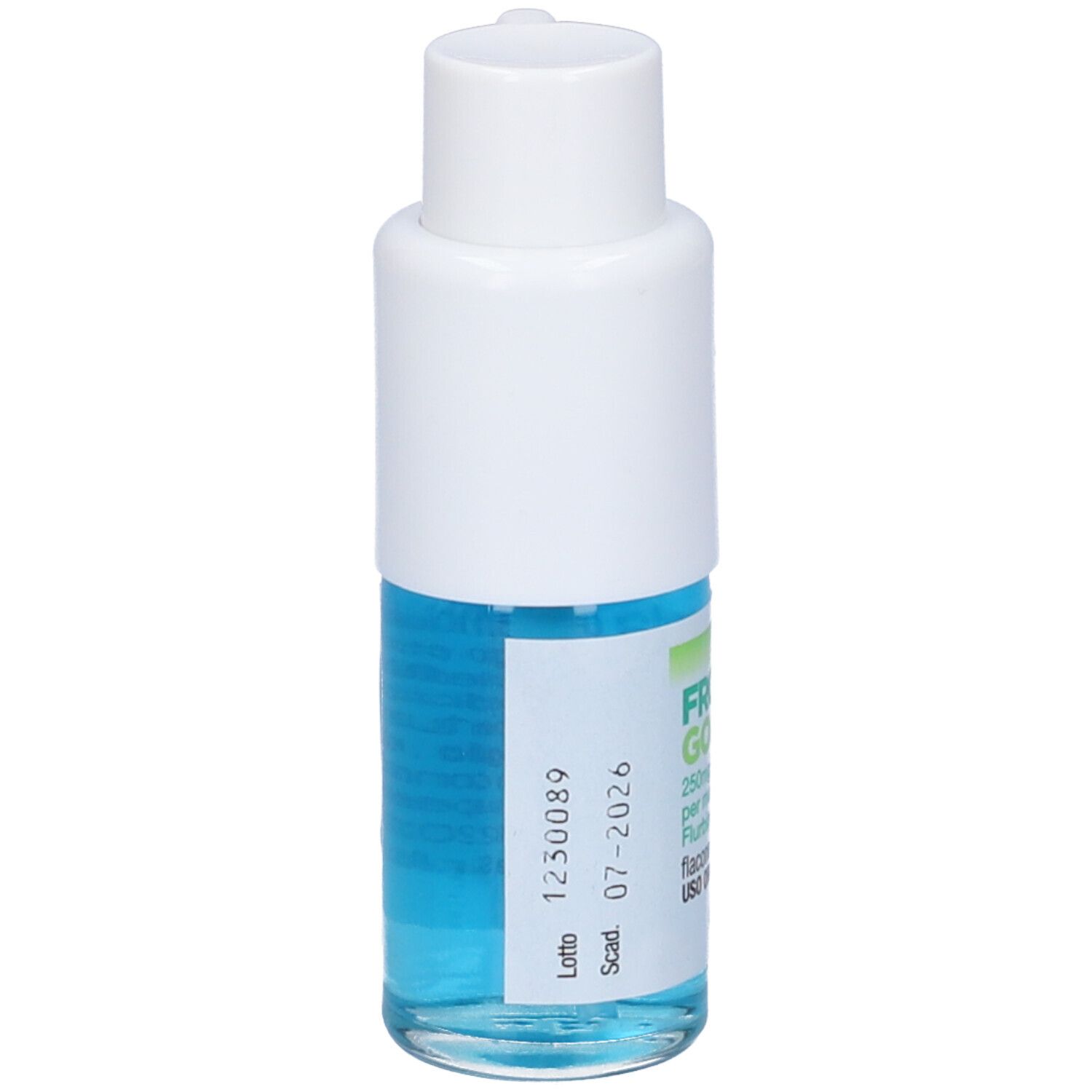 Retro del flacone di FROBEN® GOLA Spray. Liquido blu visibile. Scritta: 07-2026.