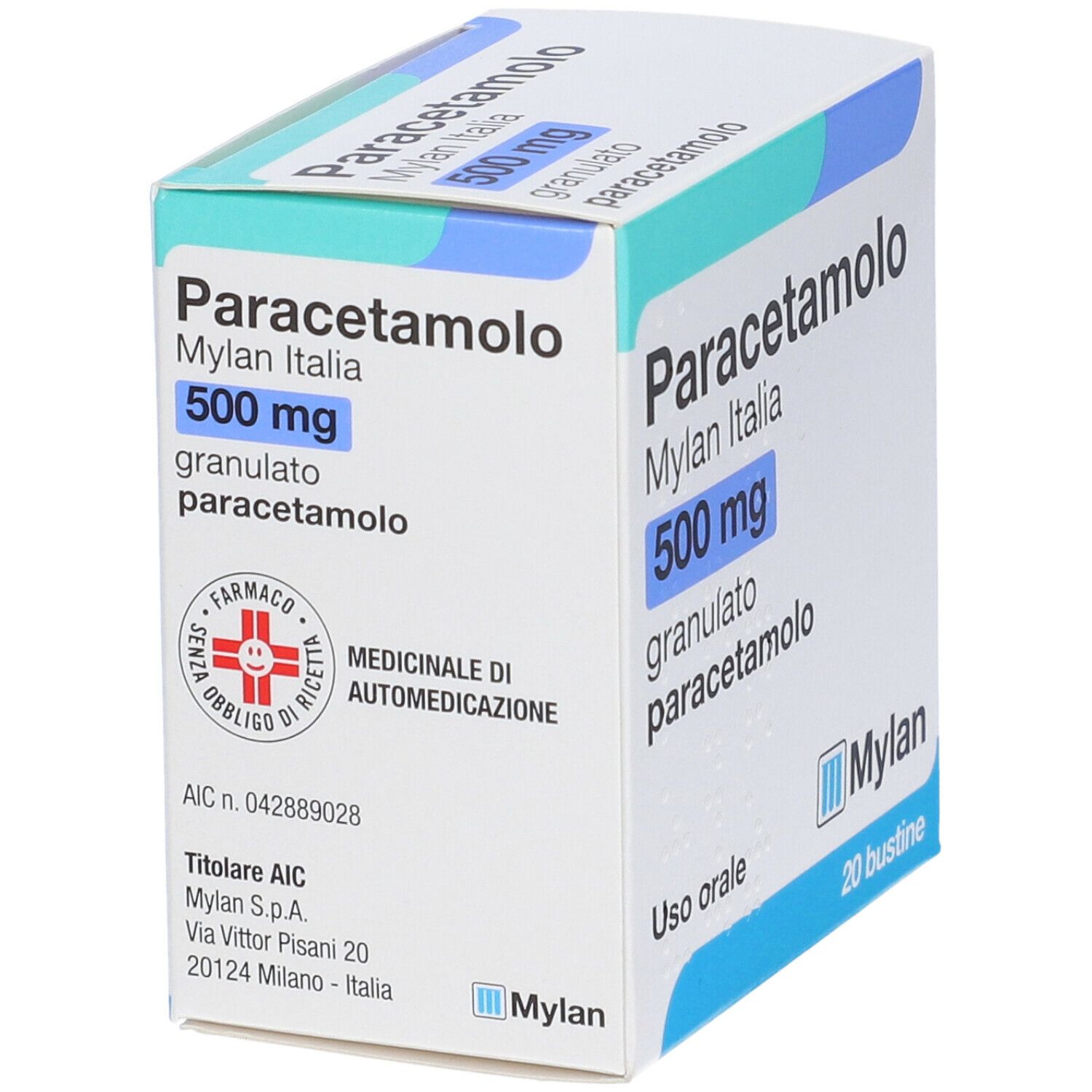Scatola Paracetamolo Mylan Italia 500 mg granulato. Confezione bianca e blu. Logo farmacia e informazioni prodotto.