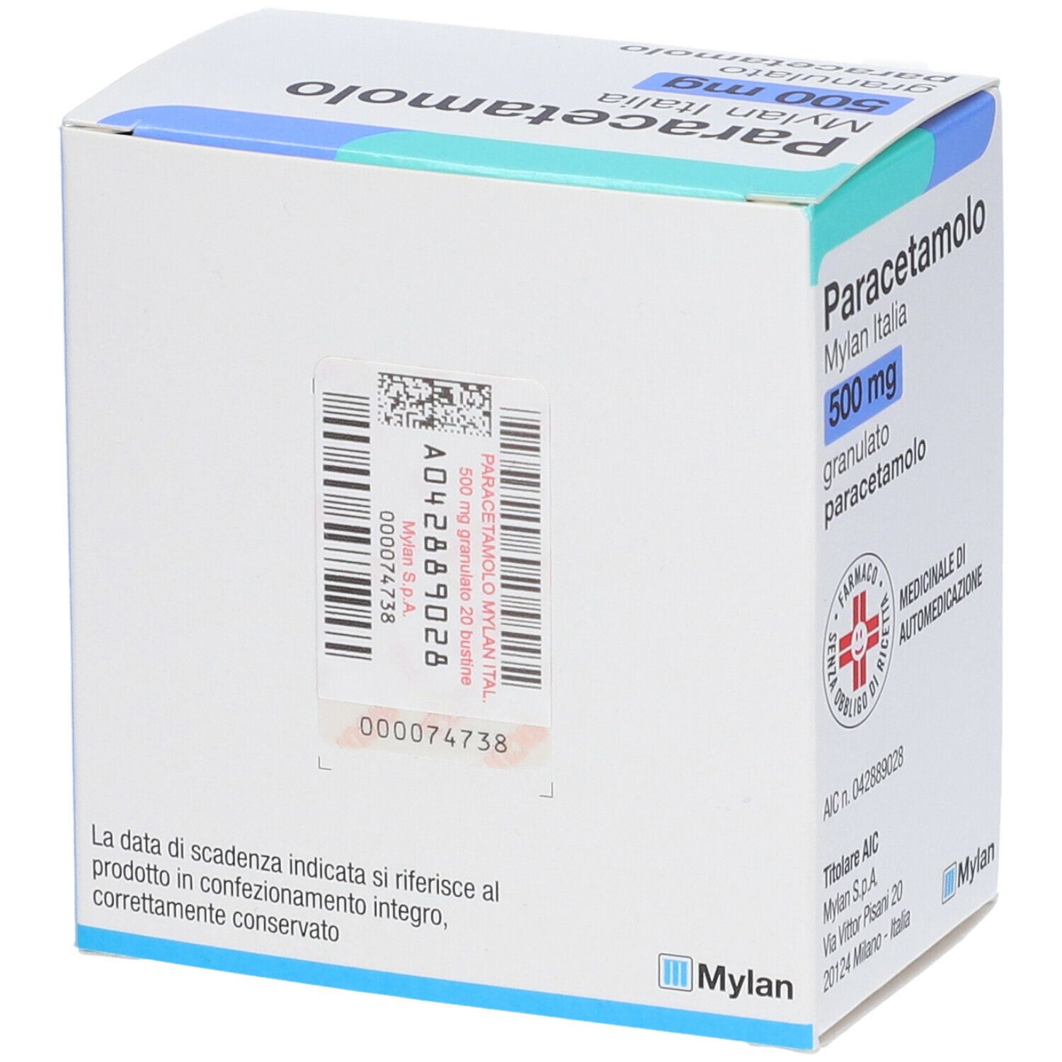 Retro della scatola Paracetamolo Mylan Italia 500 mg granulato. Numero di lotto e data di scadenza visibili.