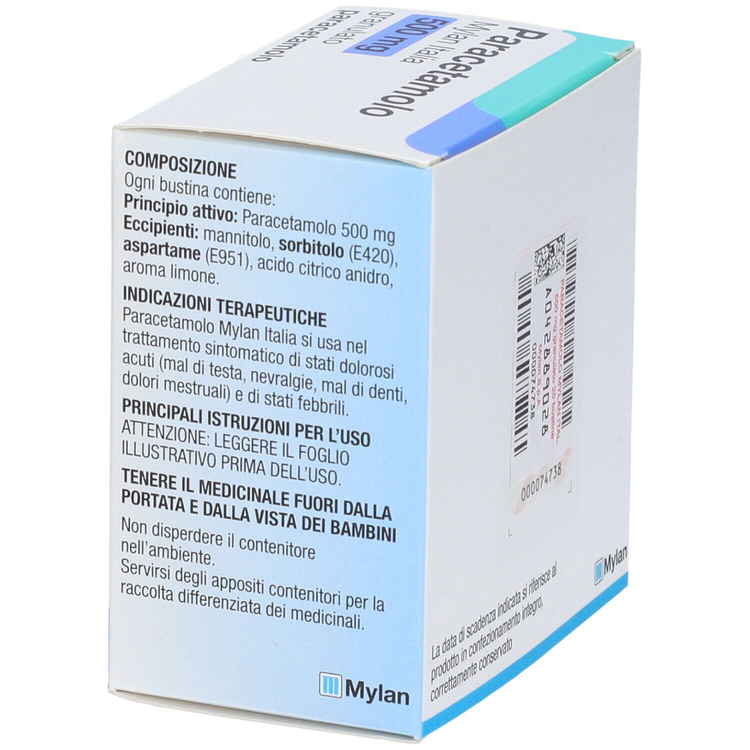 Lato della scatola Paracetamolo Mylan Italia 500 mg granulato con ingredienti e istruzioni per l'uso.