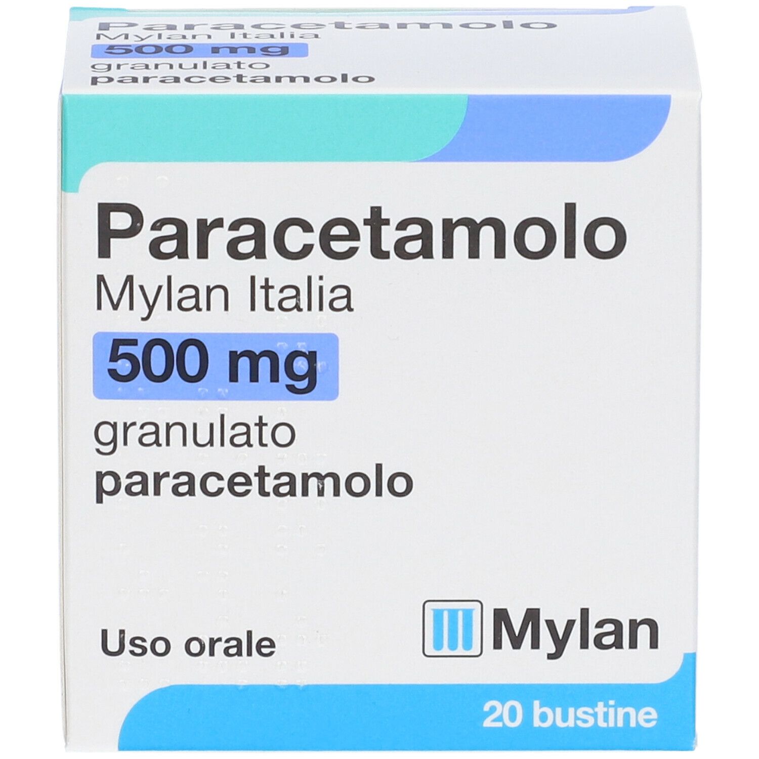 Fronte della scatola Paracetamolo Mylan Italia 500 mg granulato. Confezione bianca e blu con nome del prodotto.