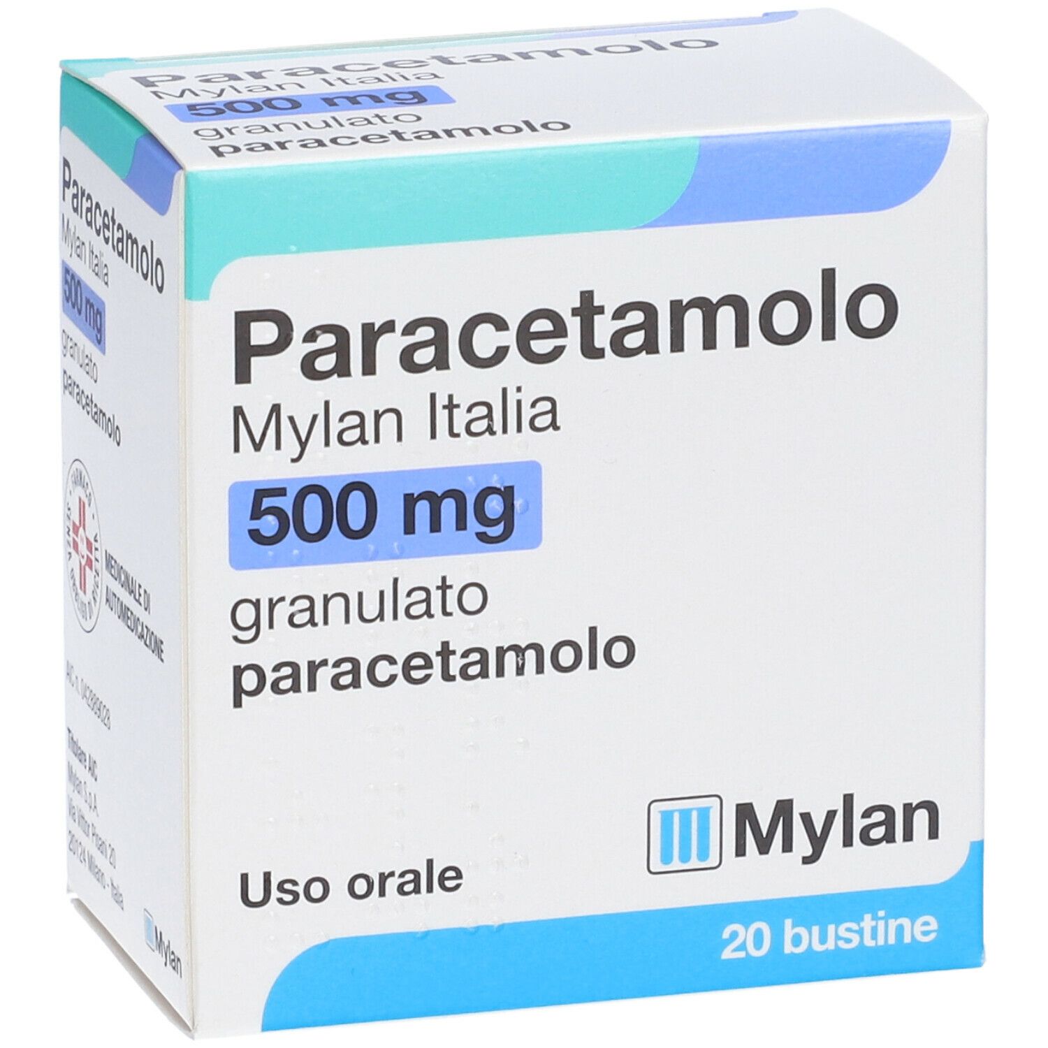 Scatola Paracetamolo Mylan Italia 500 mg granulato. Confezione bianca e blu. 20 bustine. Logo farmacia.