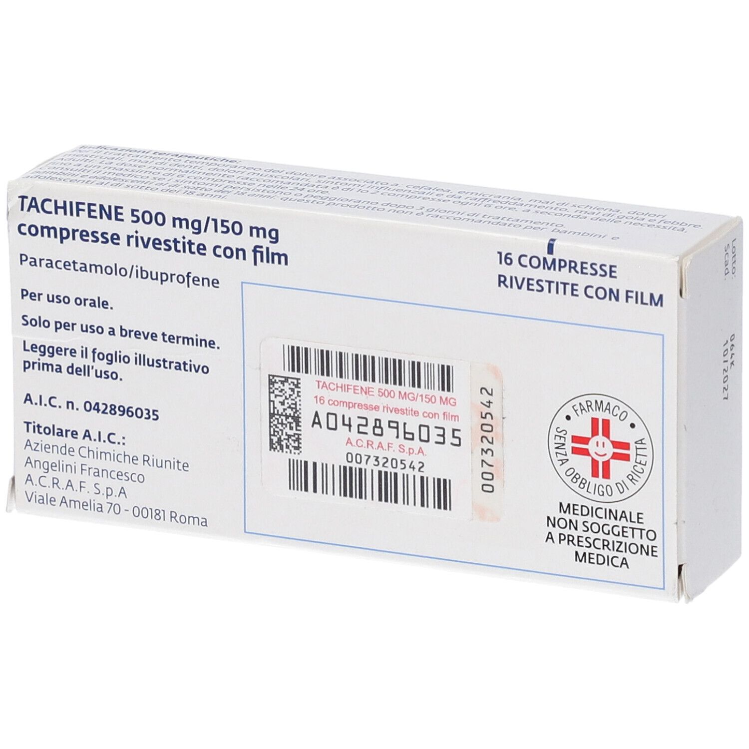 Retro della scatola di Tachifene con informazioni sul prodotto, 16 compresse e logo farmacia.