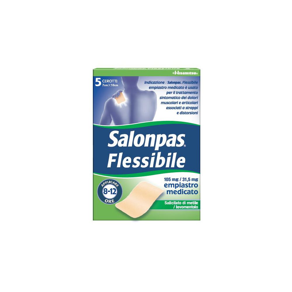 Confezione di Salonpas Flessibile, 5 cerotti. Scritta: Salonpas Flessibile, 105 mg / 31,5 mg, empiastro medicato.