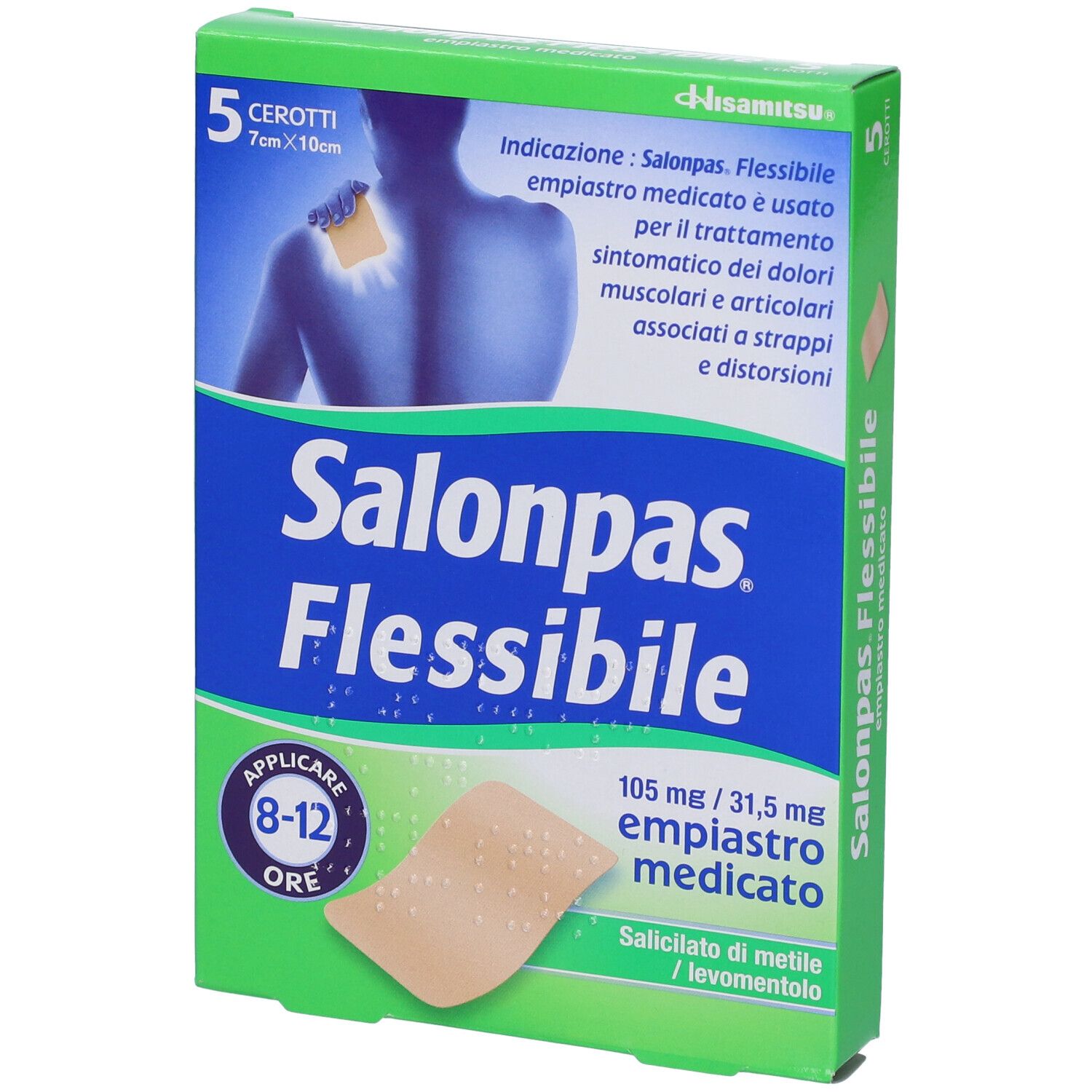 Confezione di Salonpas Flessibile, 5 cerotti. Scritta: Salonpas Flessibile, 105 mg / 31,5 mg, empiastro medicato.