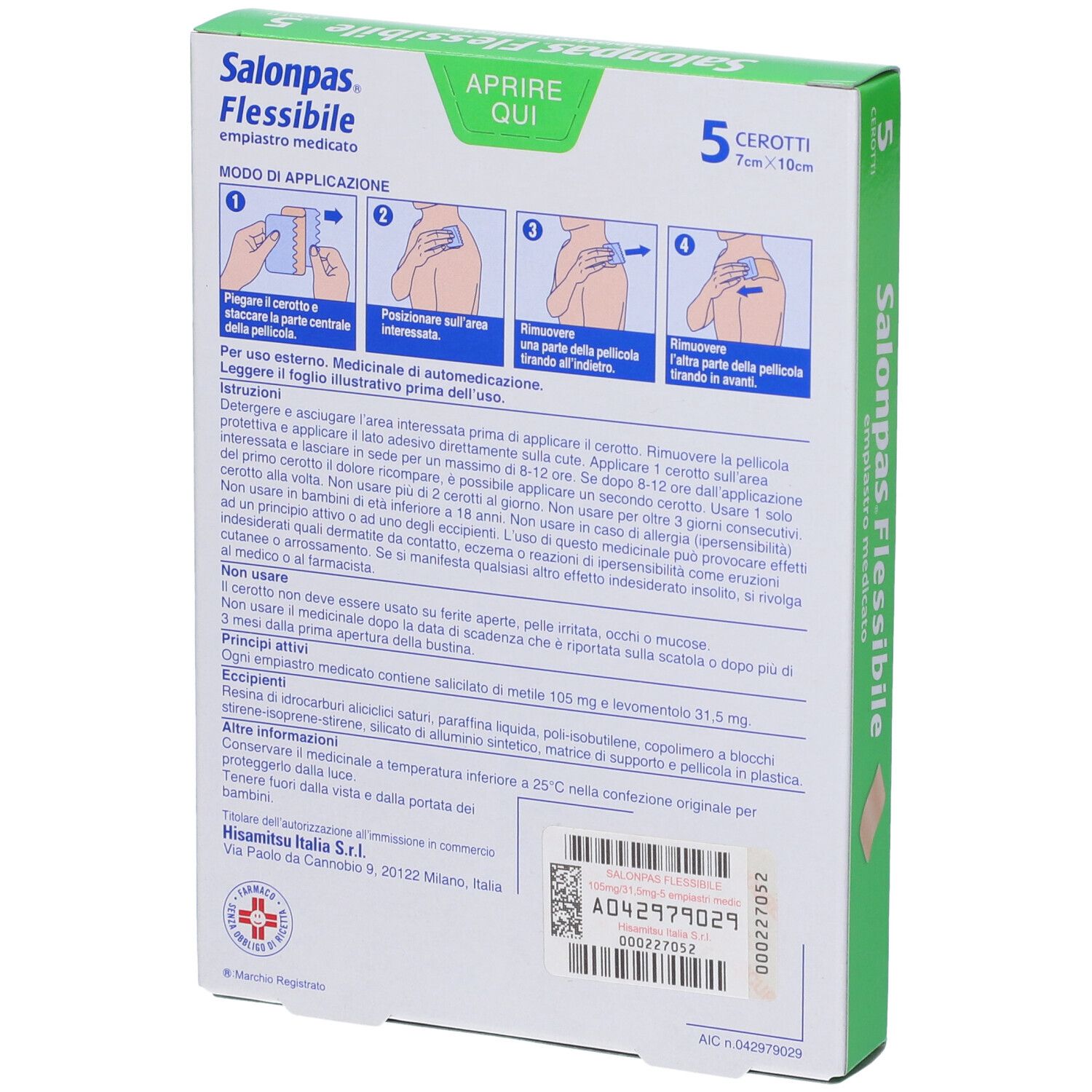 Retro della confezione di Salonpas Flessibile. Contiene informazioni e istruzioni per l'uso.