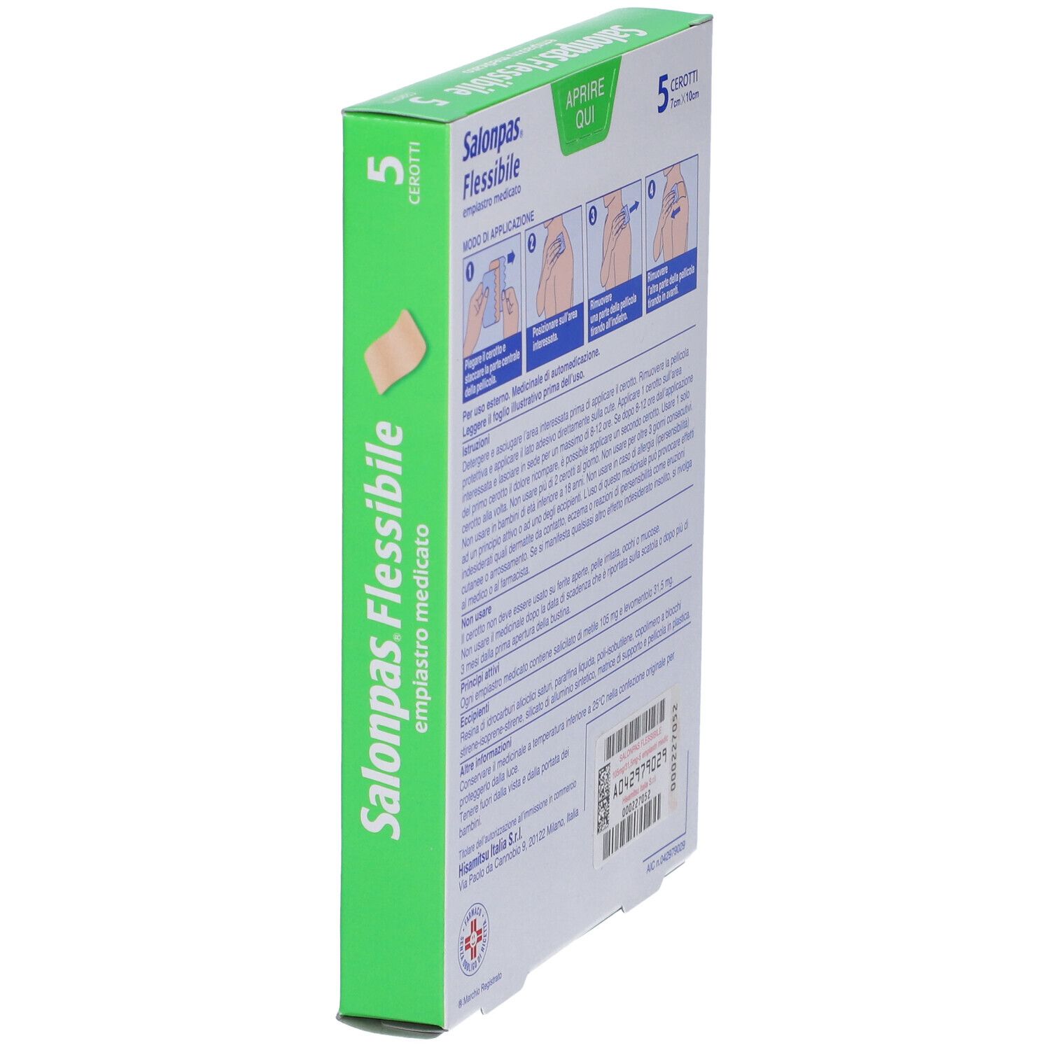 Vista laterale della confezione di Salonpas Flessibile. Scritta: Salonpas Flessibile, 5 cerotti.
