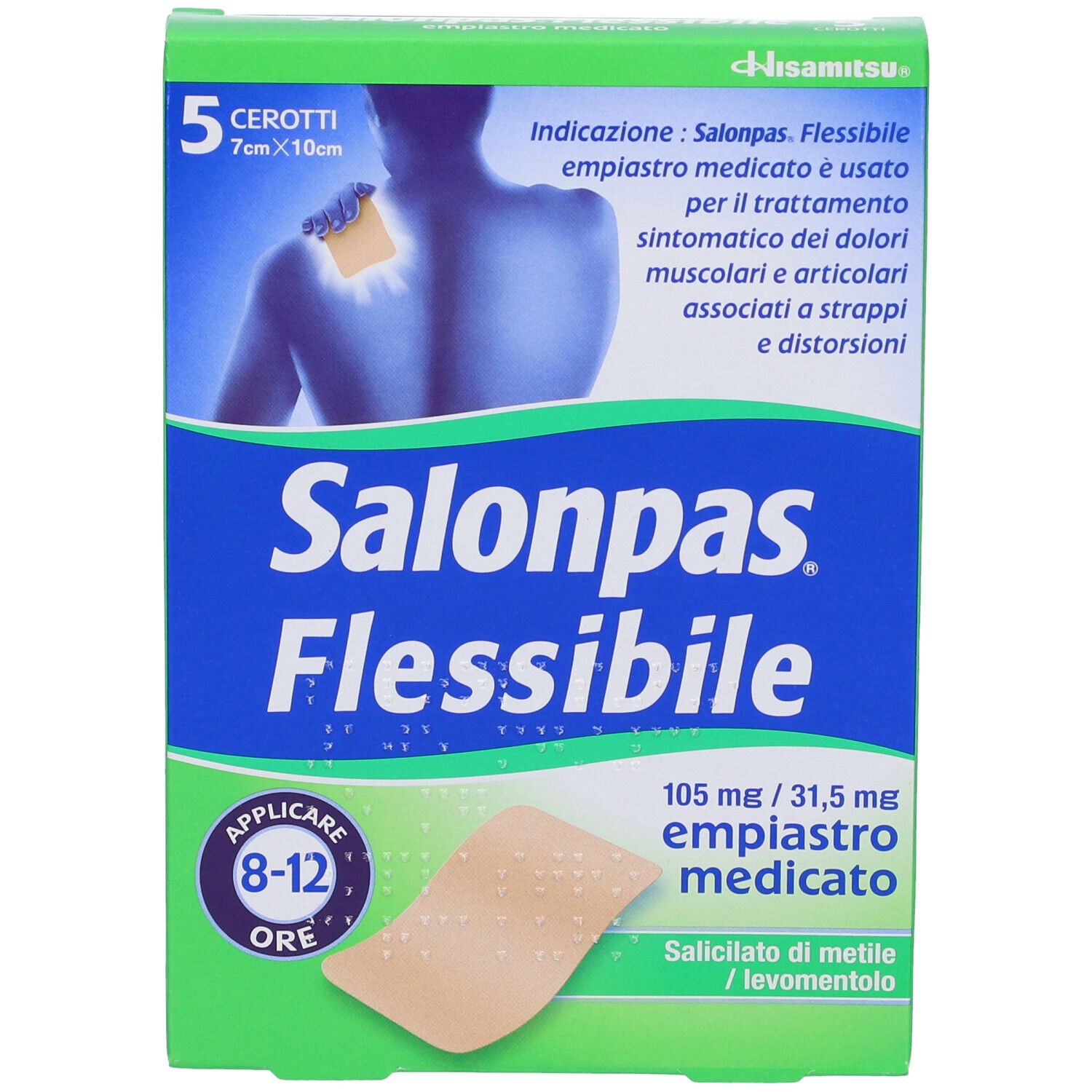 Confezione di Salonpas Flessibile, 5 cerotti. Scritta: Salonpas Flessibile, 105 mg / 31,5 mg, empiastro medicato.