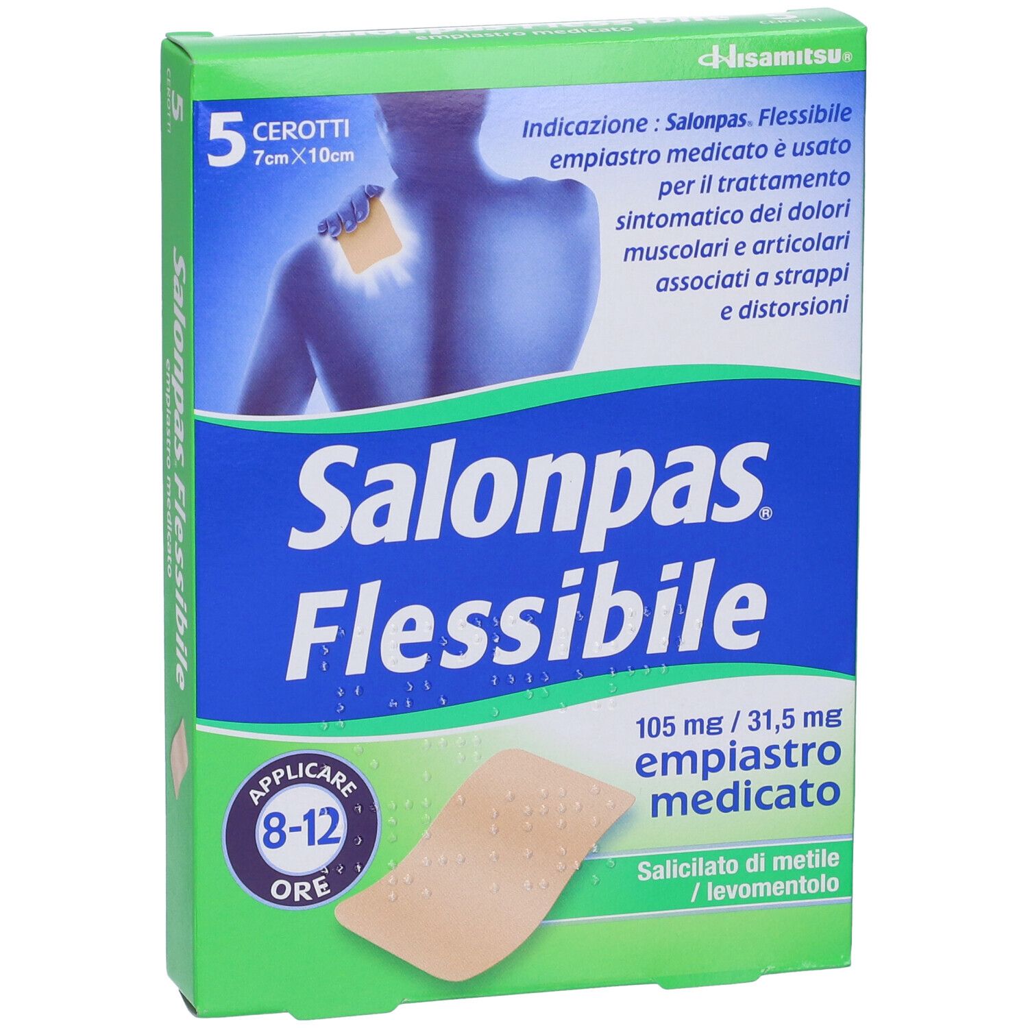 Confezione di Salonpas Flessibile, 5 cerotti. Scritta: Salonpas Flessibile, 105 mg / 31,5 mg, empiastro medicato.