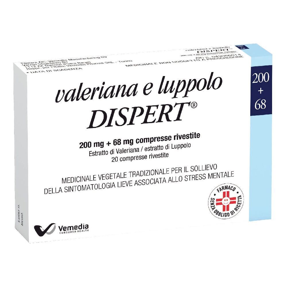 Scatola di Valeriana e luppolo DISPERT®. Scritto: 200 mg + 68 mg compresse rivestite. Logo Vemedia.