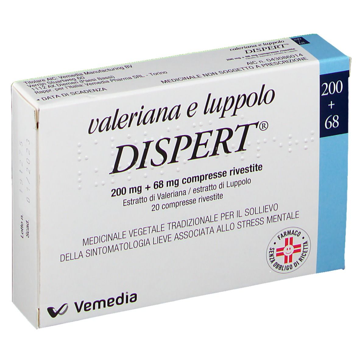 Scatola di Valeriana e luppolo DISPERT®. Scritto: 200 mg + 68 mg compresse rivestite. Logo Vemedia.