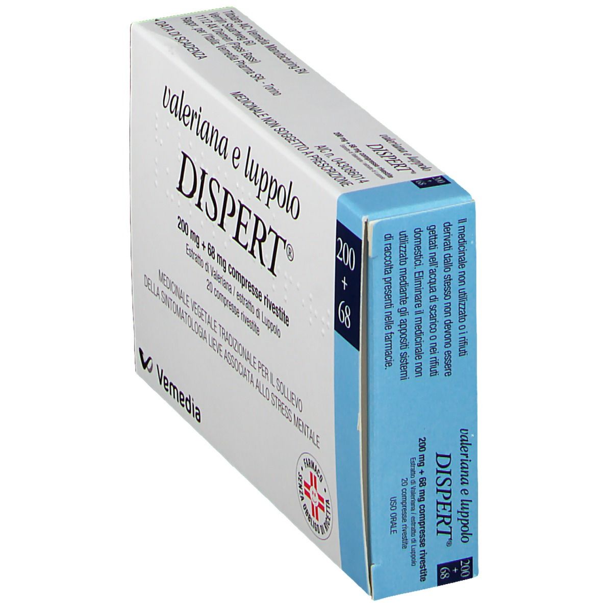 Scatola di Valeriana e luppolo DISPERT®. Scritto: 200 mg + 68 mg compresse rivestite. Logo Vemedia.